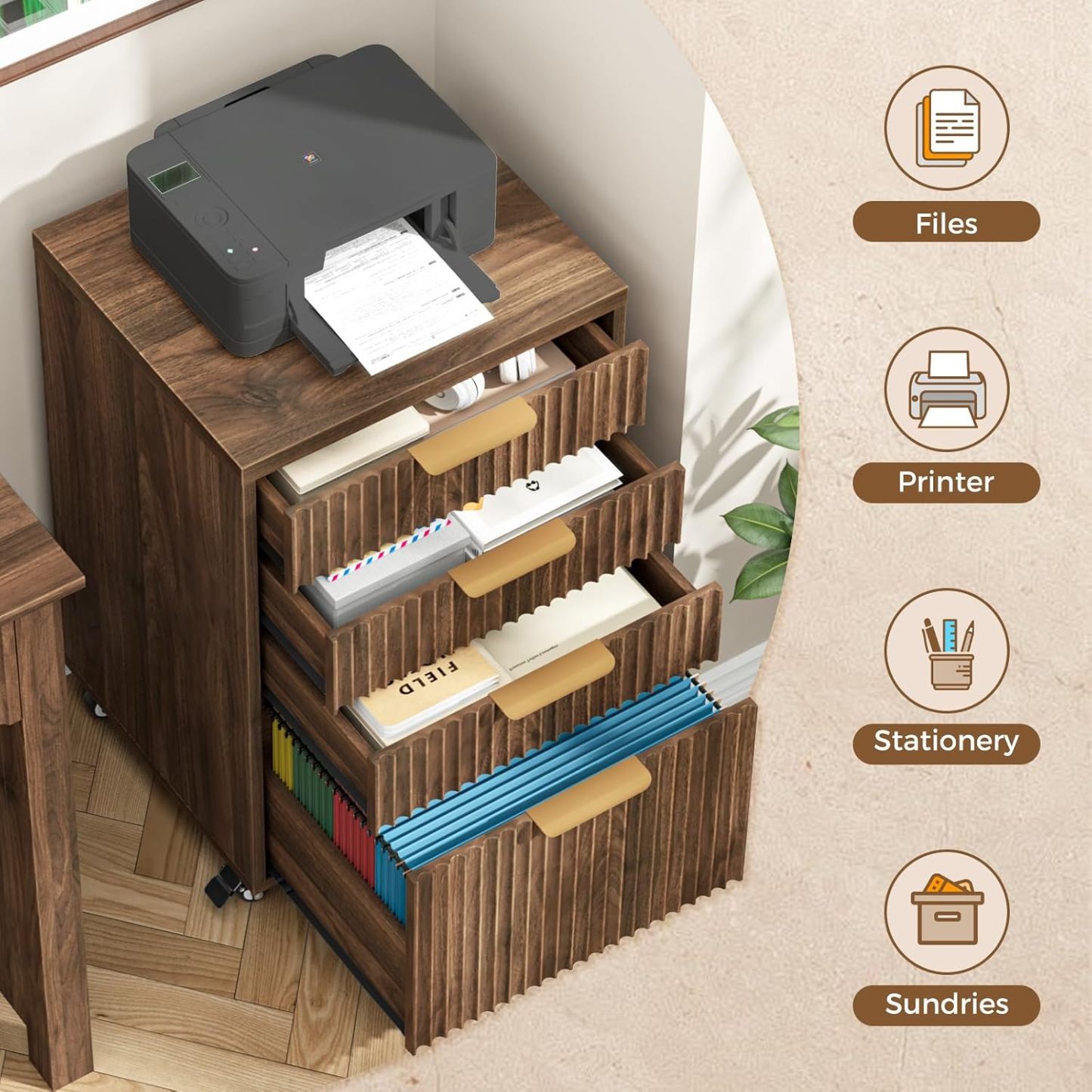 Halitaa 4 Drawers Small File Cabinet with Wheels, Under Desk Drawer, Walnut | Fluted File Cabinet Fits Letter/A4/Legal Size, Vertical Filing Cabinet for Home Office, Wooden Printer Stand with Storage