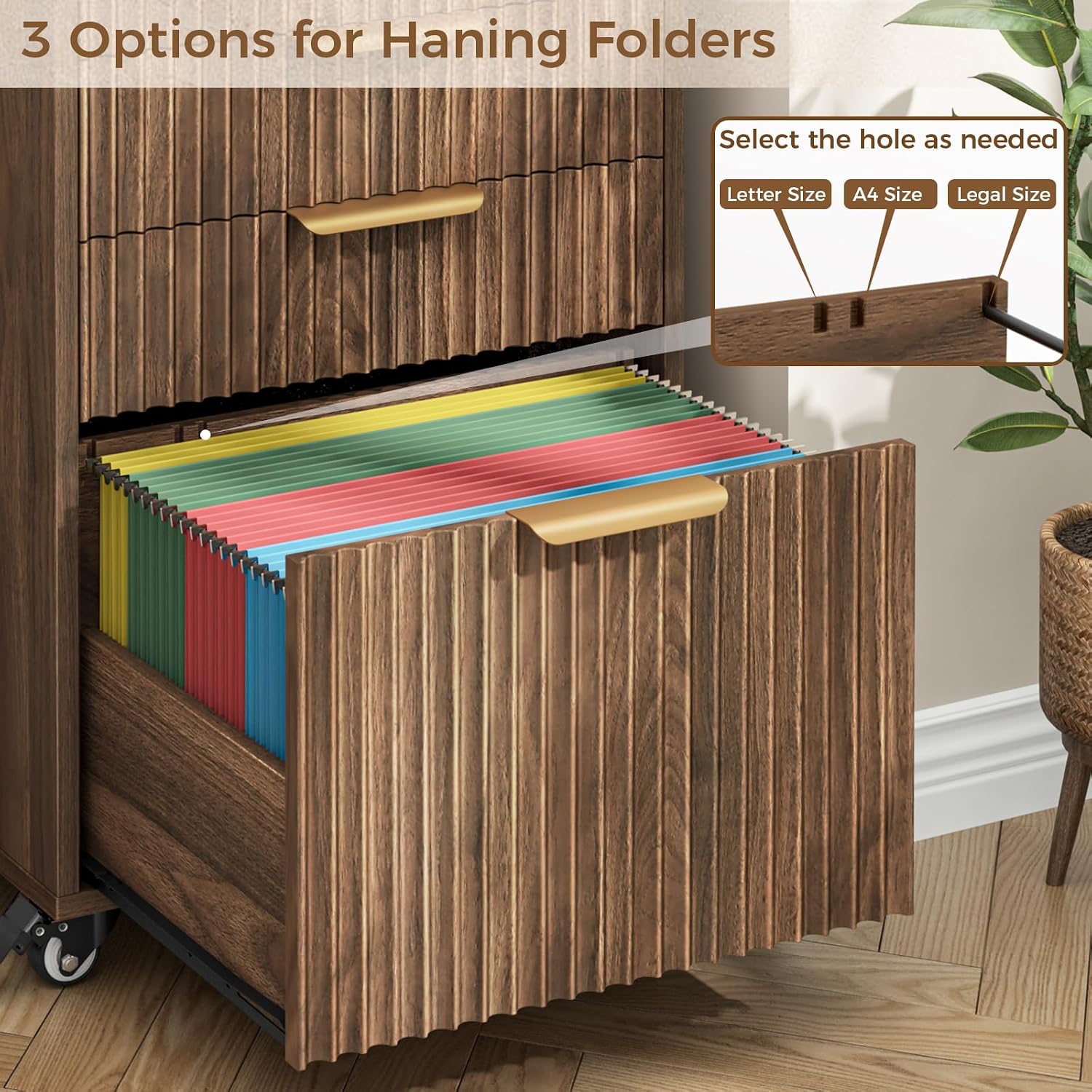 Halitaa 4 Drawers Small File Cabinet with Wheels, Under Desk Drawer, Walnut | Fluted File Cabinet Fits Letter/A4/Legal Size, Vertical Filing Cabinet for Home Office, Wooden Printer Stand with Storage