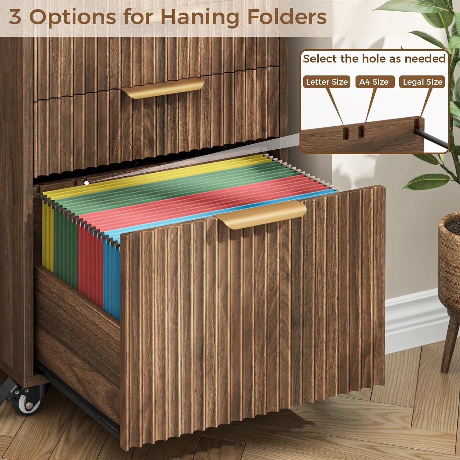 Halitaa 4 Drawers Small File Cabinet with Wheels, Under Desk Drawer, Walnut | Fluted File Cabinet Fits Letter/A4/Legal Size, Vertical Filing Cabinet for Home Office, Wooden Printer Stand with Storage