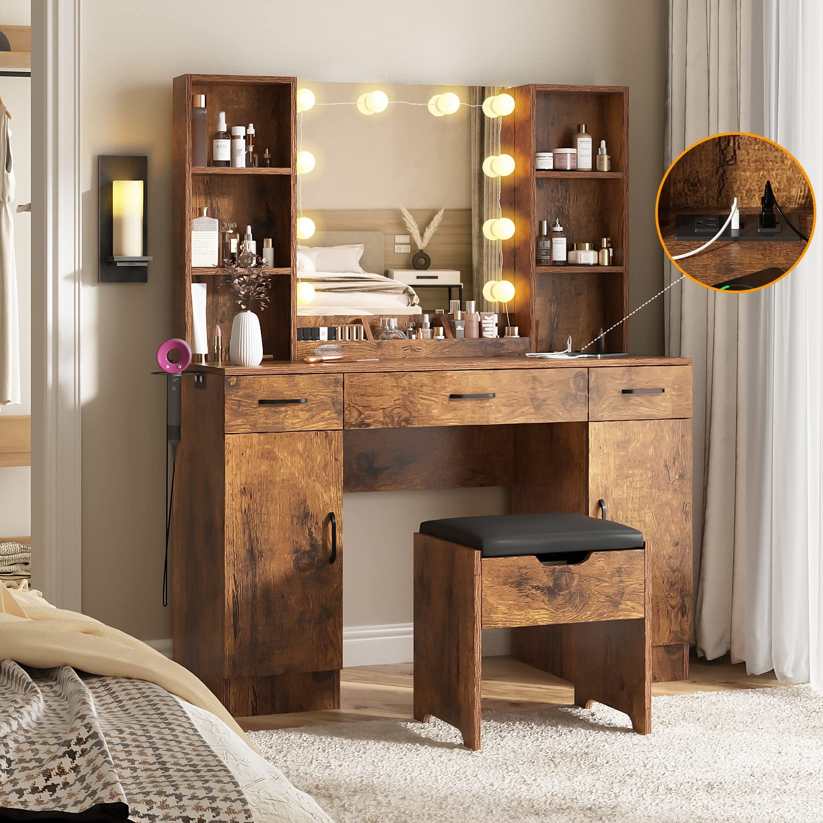 Veanerwood Large Makeup Vanity with Lights, Bedroom Vanity Table with 