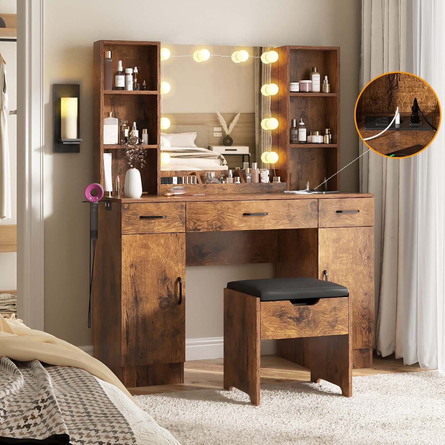 Veanerwood Large Makeup Vanity with Lights, Bedroom Vanity Table with 