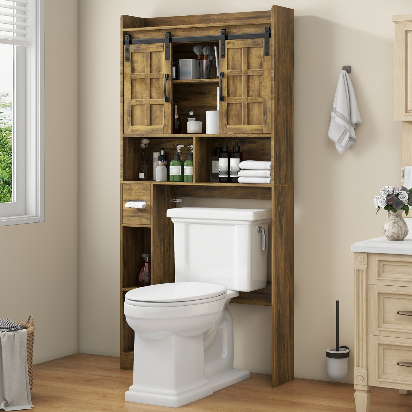 Halitaa Over The Toilet Storage Cabinet, Farmhouse Storage Cabinet Over Toilet with Sliding Doors，Home Space-Saving Toilet Rack, for Bathroom, Restroom, Laundry. Brown