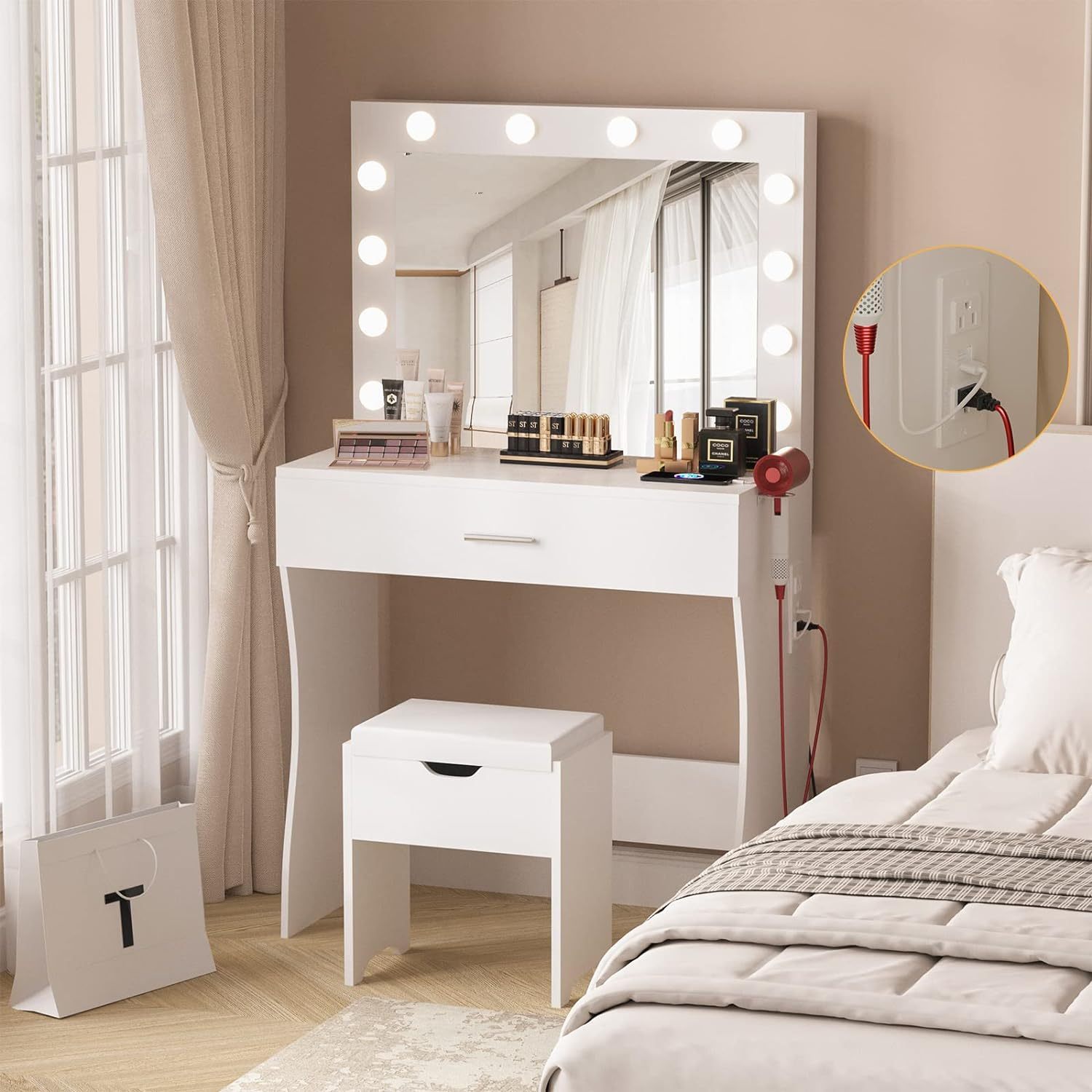 VEANERWOOD Vanity Table Set with Lighted Mirror - Makeup Vanity with Lights, Adjustable Brightness, Large Drawer Sturdy Wood Vanity, White