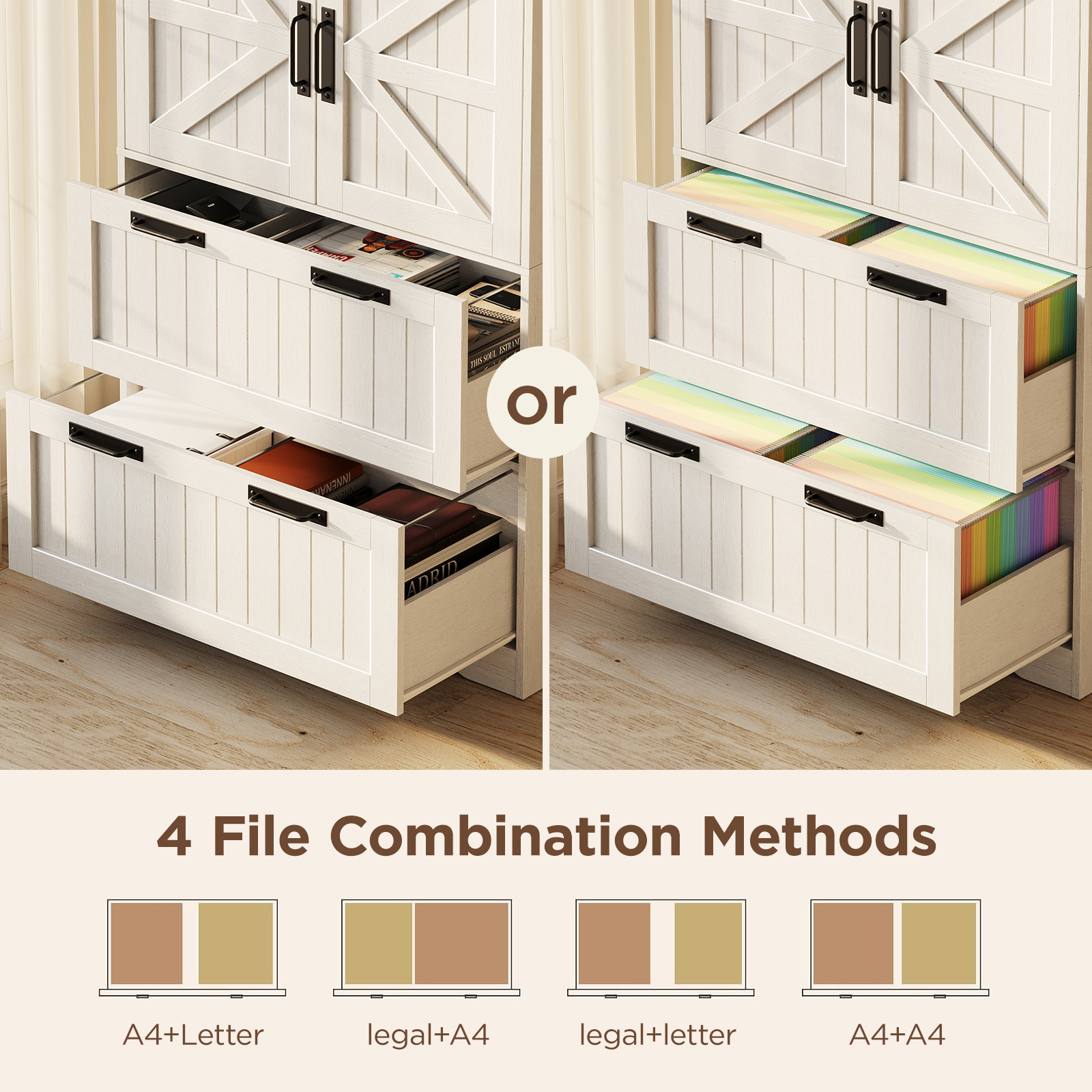 Halitaa 2 Drawer Filing Cabinet, Farmhouse File Cabinet for Home Office with Storage Space, Wood Tall Office Filing Cabinet fits Legal/Letter/A4 Size, Lateral File Cabinets with 2 Doors, Rustic White