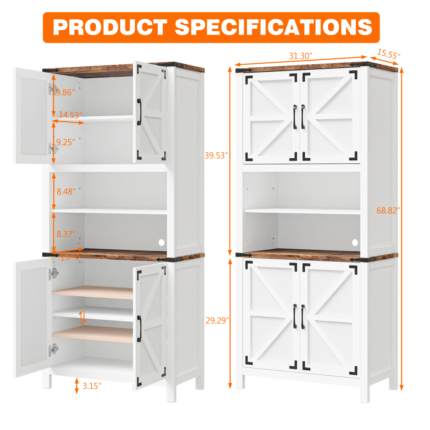 Vabches 69" H 6-Tier Farmhouse Storage Cabinet, perfect for Kitchen, Living Room, Lounge