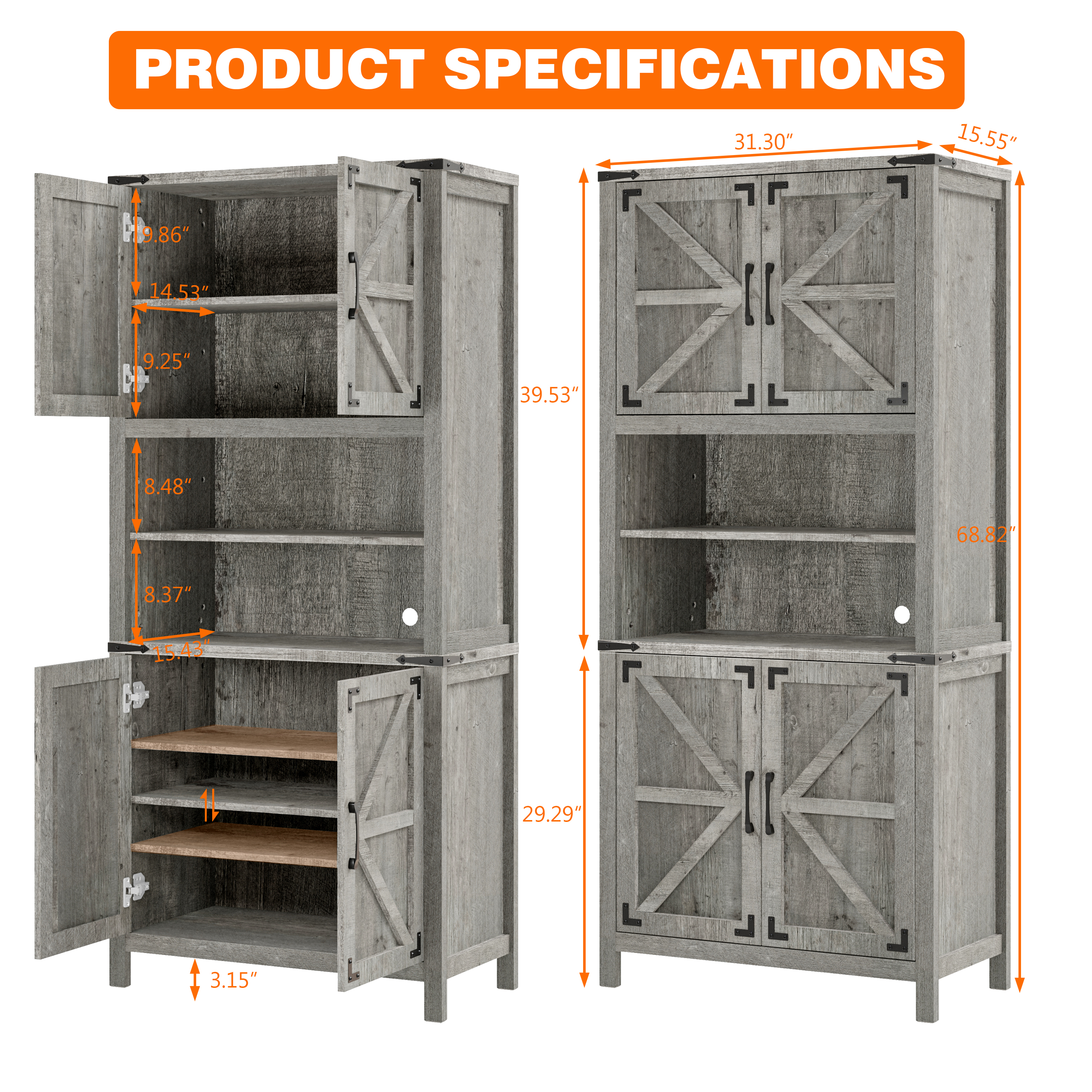 Vabches 69" H 6-Tier Farmhouse Storage Cabinet, perfect for Living Room, Lounge, Kitchen