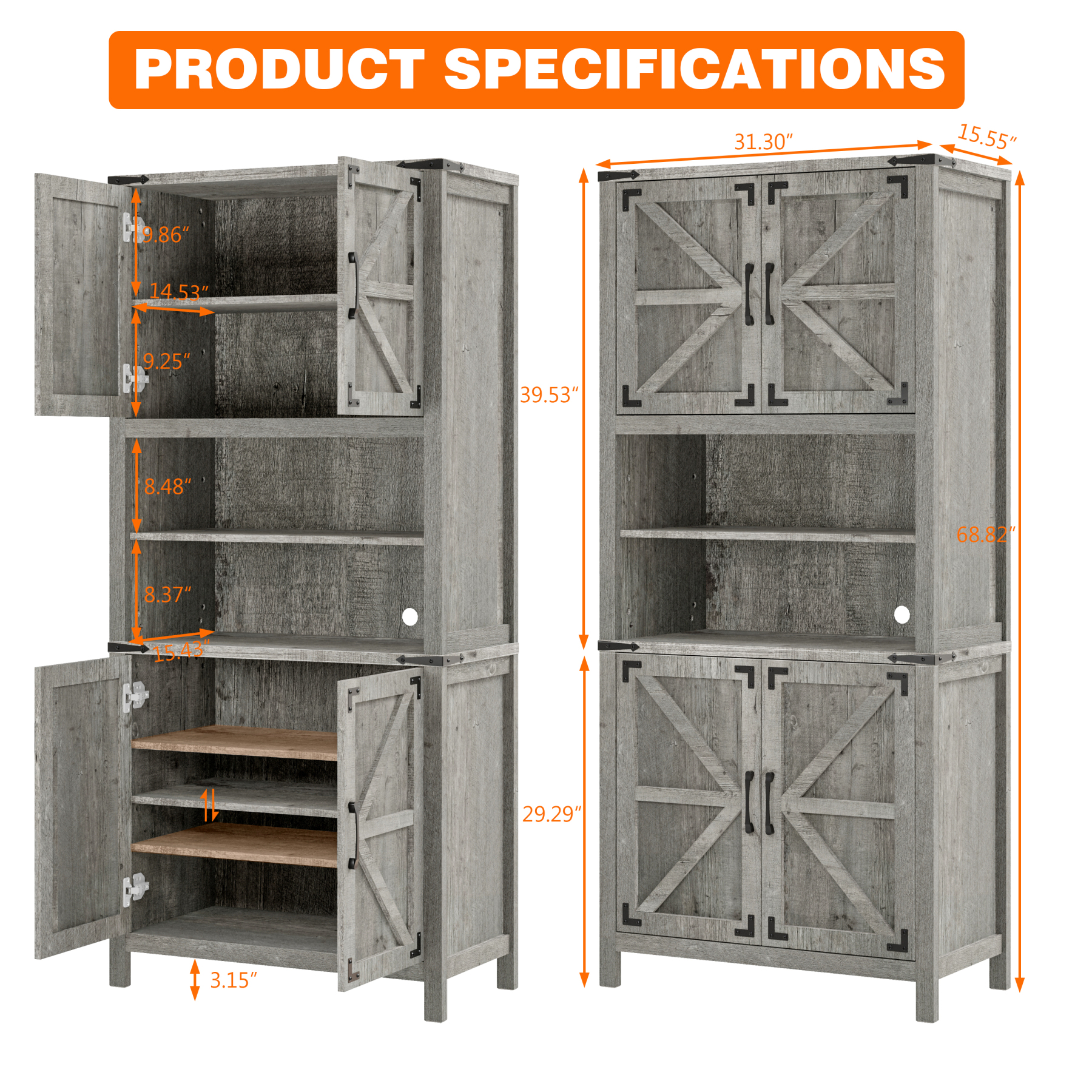 Vabches 69" H 6-Tier Farmhouse Storage Cabinet, perfect for Living Room, Lounge, Kitchen