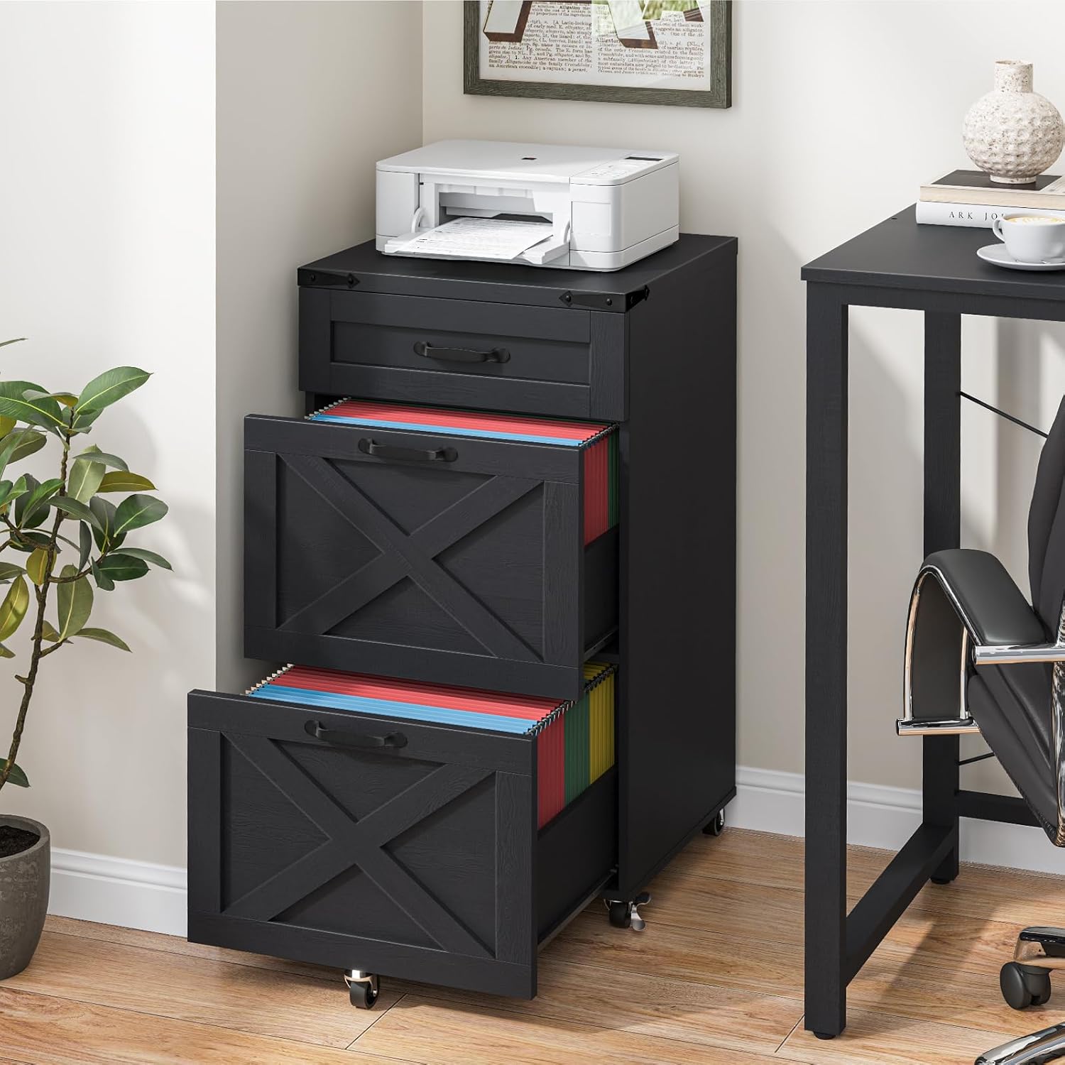 Halitaa 3 Drawers Tall Farmhouse File Cabinet with Wheels for Home Office, Black | Halitaa Vertical Filing Cabinet Fits Letter/A4 Size, Rolling File Cabinet Wooden Printer Stand for Home Office