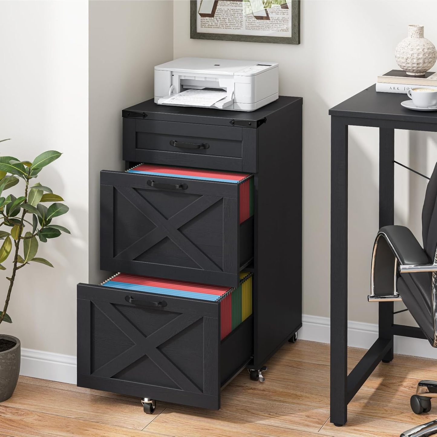 Halitaa 3 Drawers Tall Farmhouse File Cabinet with Wheels for Home Office, Black | Halitaa Vertical Filing Cabinet Fits Letter/A4 Size, Rolling File Cabinet Wooden Printer Stand for Home Office