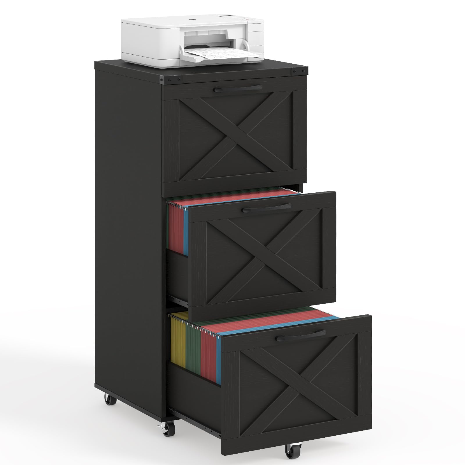 Halitaa Tall Farmhouse File Cabinet with 3 Drawers for Home Office, Walnut