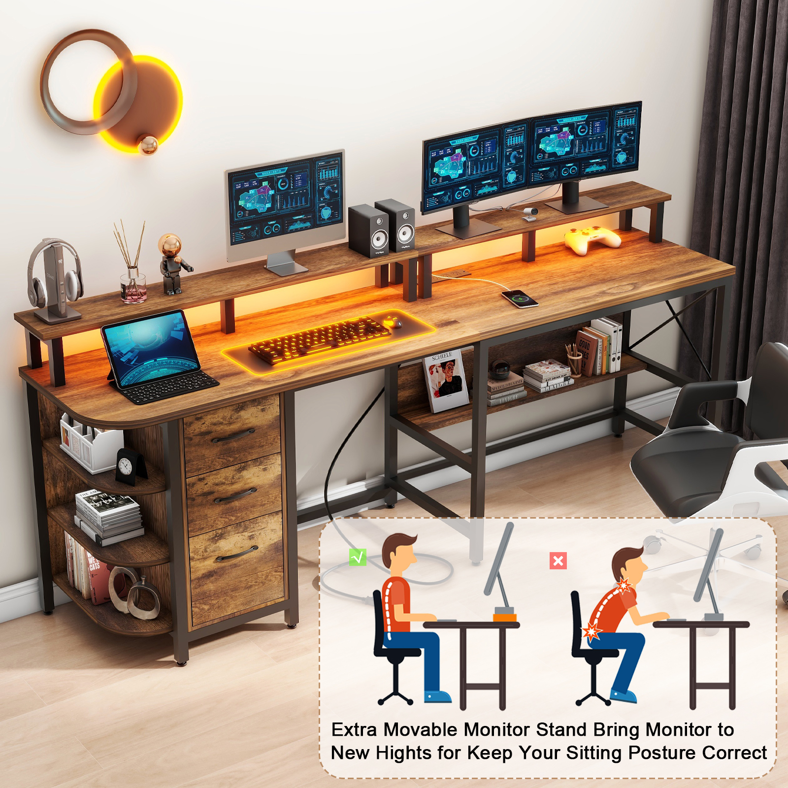 Vabches 67" L Shaped Computer Desk with LED Lights and Power Outlets, Reversible L Shaped Gaming Desk with 3 Drawers Hutch Monitor Stand