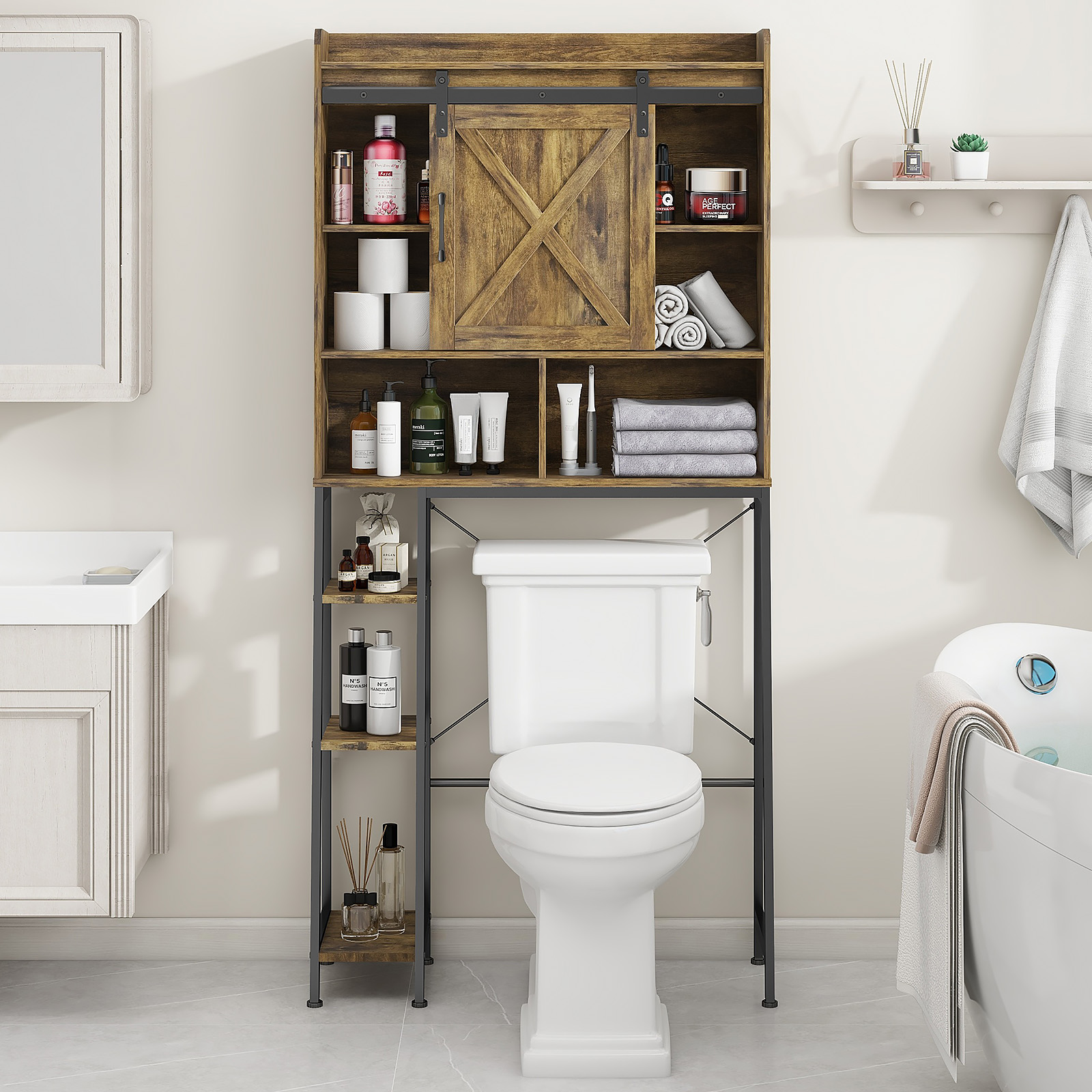 Vabches Over The Toilet Storage Cabinet with Sliding Door and Integrated Toilet Paper Holder, Ideal for Bathrooms, Restrooms, and Laundry Rooms.