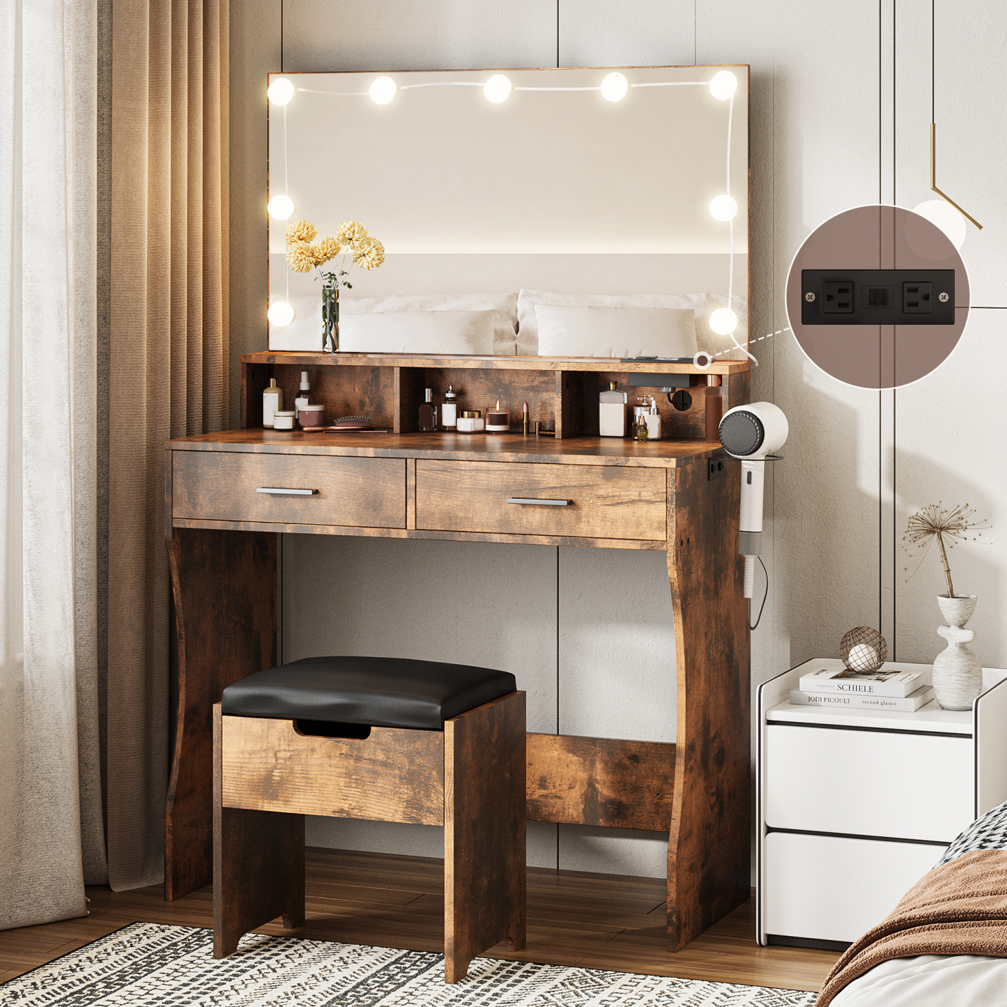 Veanerwood 31.5in Makeup Vanity Table with Lighted Mirror & Power Stri