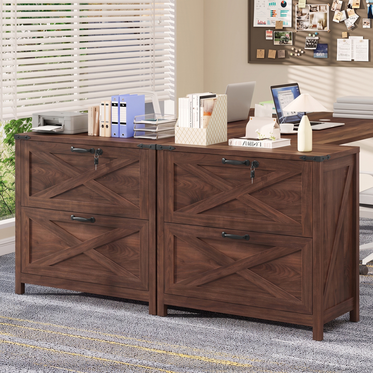 Halitaa Lateral File Cabinet with 2 Large Drawers, Farmhouse File Cabinet with Lock for Letter/Legal/A4 Size Hanging Files, Wood File Storage Cabinets Printer Stand for Home Office Cabinets