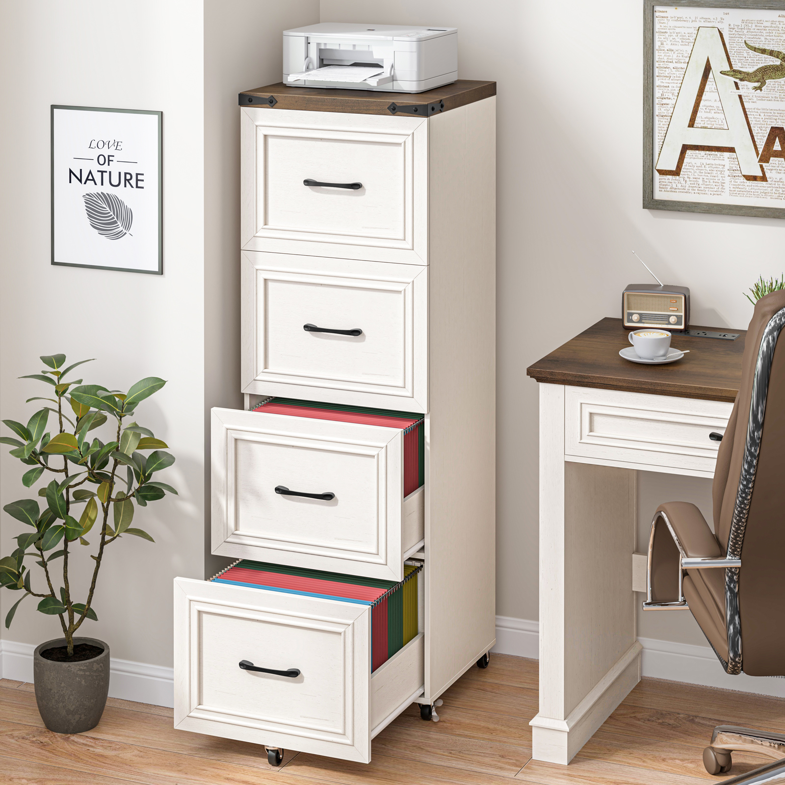 Halitaa 4 Drawers Tall Farmhouse File Cabinet with Wheels, Vertical Filing Cabinet Fits Letter/A4 Size, Rolling File Cabinet Wooden Printer Stand for Home Office, Rustic White 