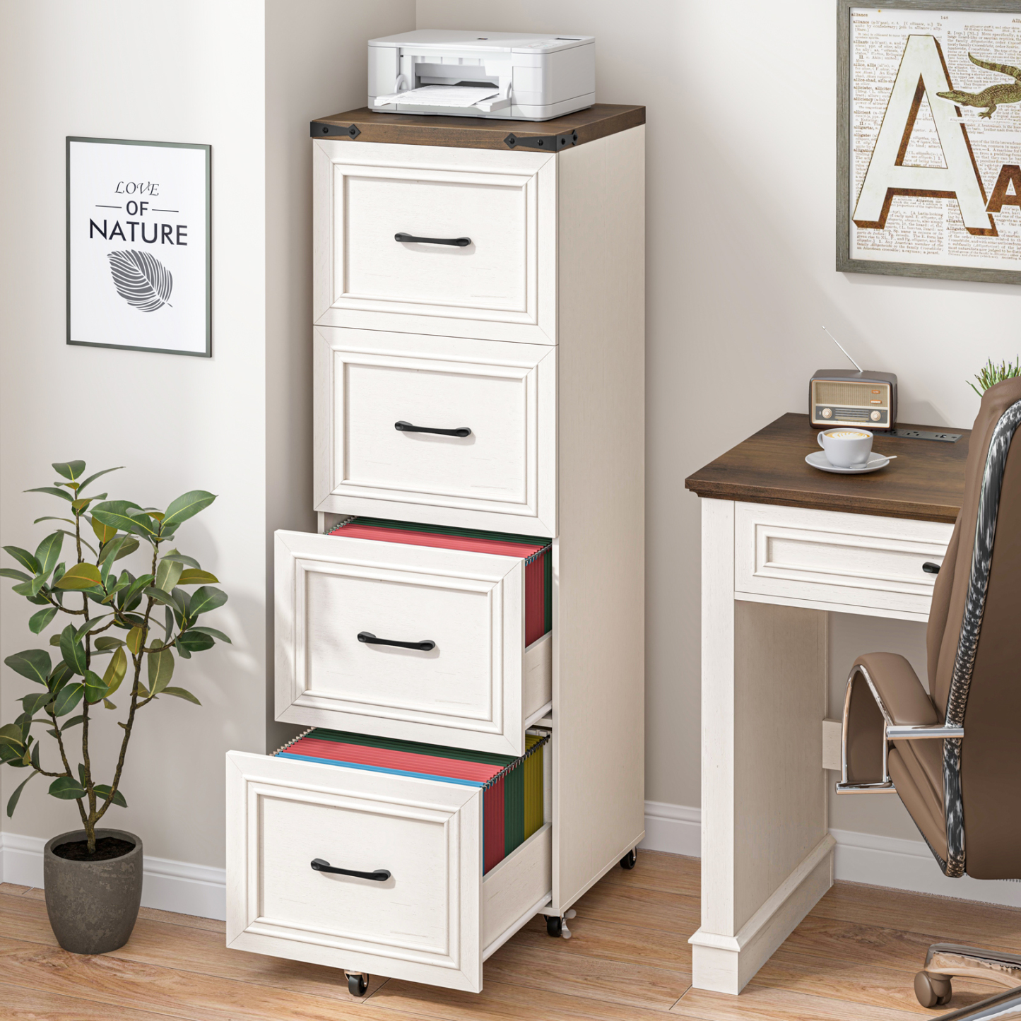 Halitaa 4 Drawers Tall Farmhouse File Cabinet with Wheels, Vertical Filing Cabinet Fits Letter/A4 Size, Rolling File Cabinet Wooden Printer Stand for Home Office, Rustic White 