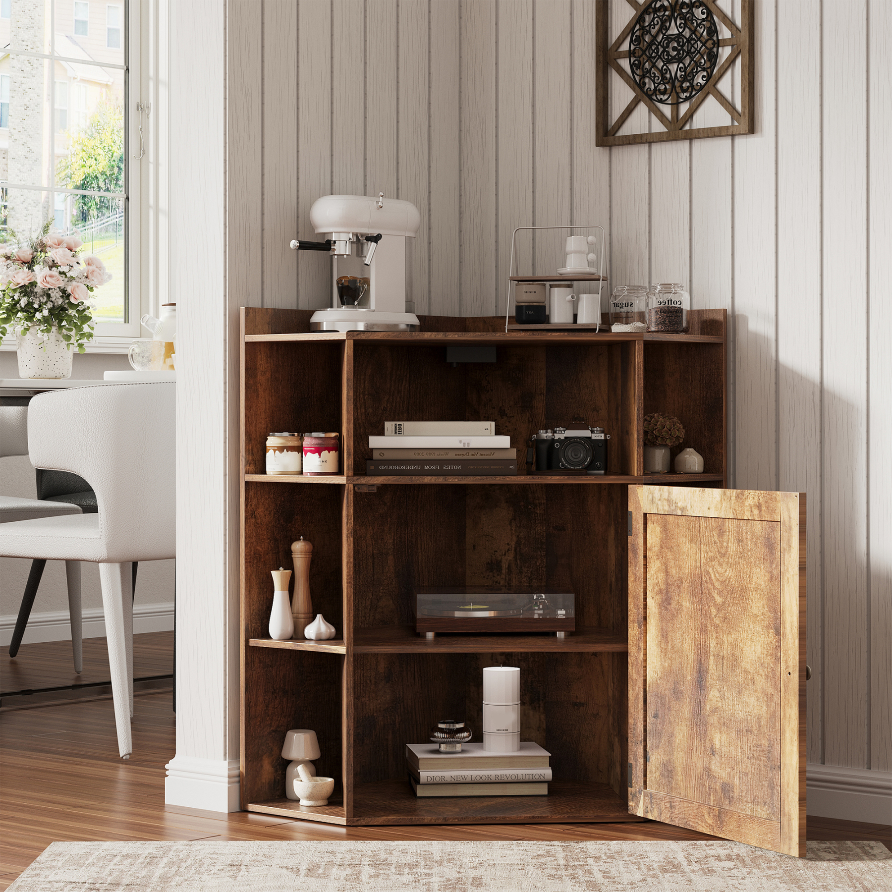 Corner Cabinet, Corner Storage Shelf with USB Ports and Outlets Industrial Organizer for Small Space Wooden 6-Cubby Bookshelf for Study, Playroom, Living Room (Amber Pine)