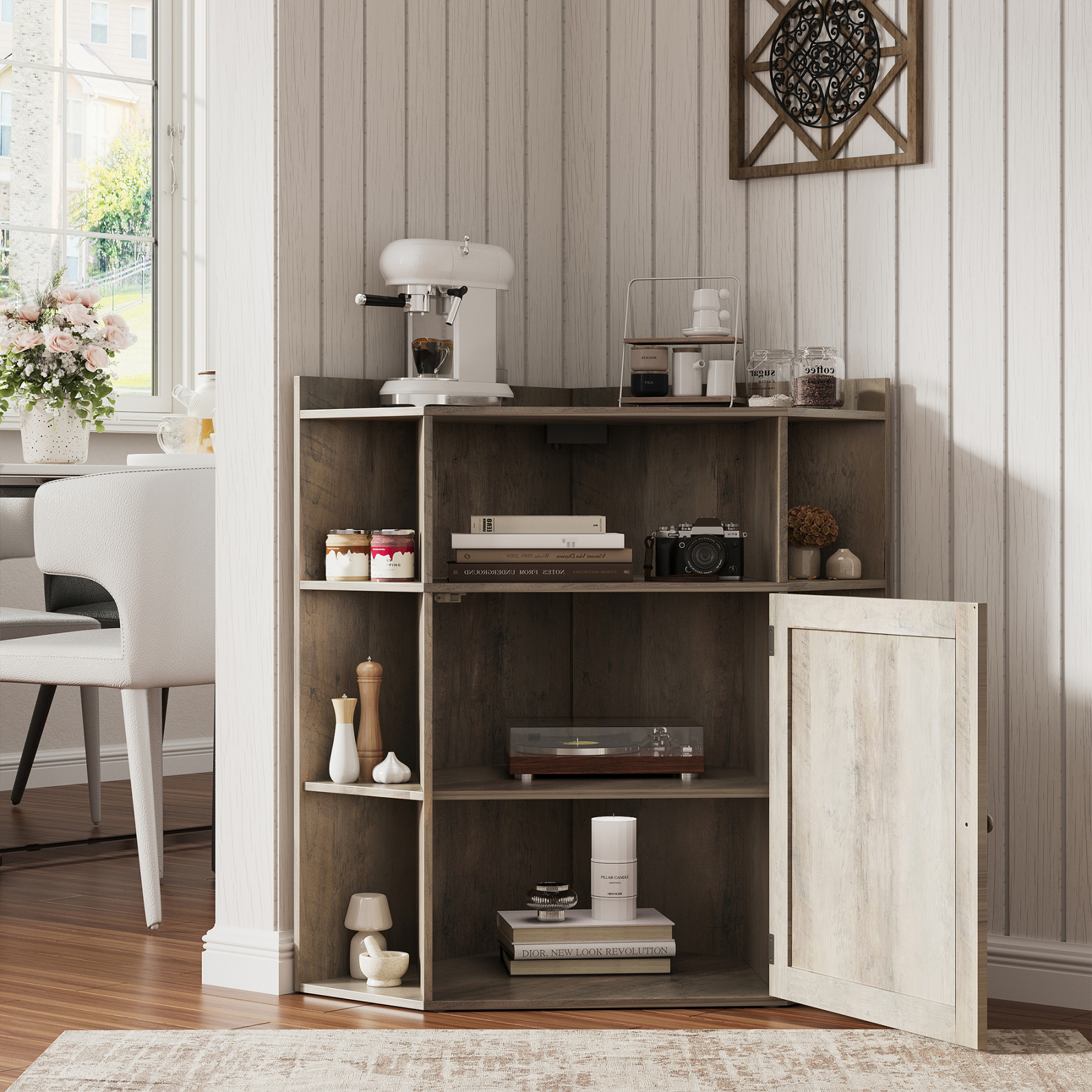 Vabches Corner Cabinet, Corner Storage Shelf with USB Ports and Outlets 6-Cubby Bookshelf