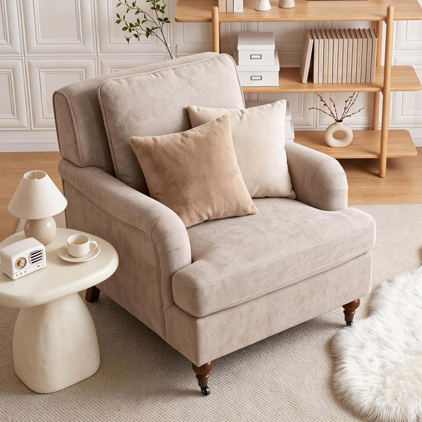 Conate Modern Accent Chair with Cushion, Cozy Chenille Reading Arm Chair with Wood Roller Legs for Living Room, Bedroom, Reading Nook, Beige
