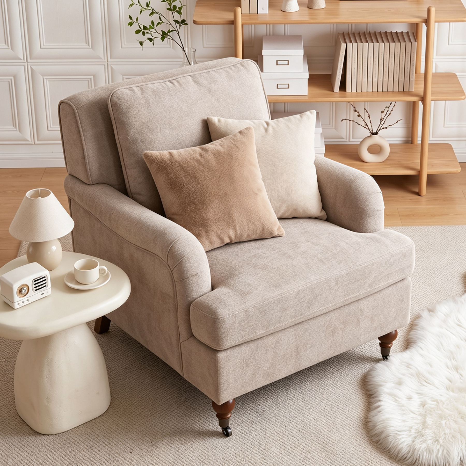 Conate Modern Accent Chair with Cushion, Cozy Chenille Reading Arm Chair with Wood Roller Legs for Living Room, Bedroom, Reading Nook, Beige
