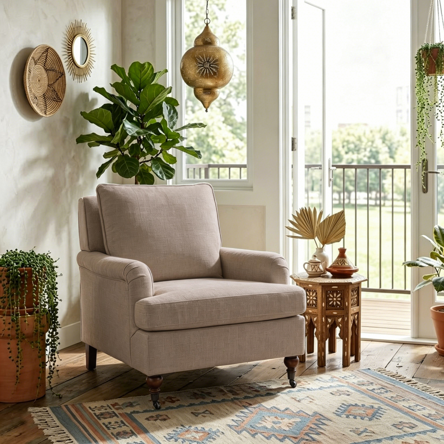 Conate Modern Accent Chair with Cushion, Cozy Chenille Reading Arm Chair with Wood Roller Legs for Living Room, Bedroom, Reading Nook, Beige