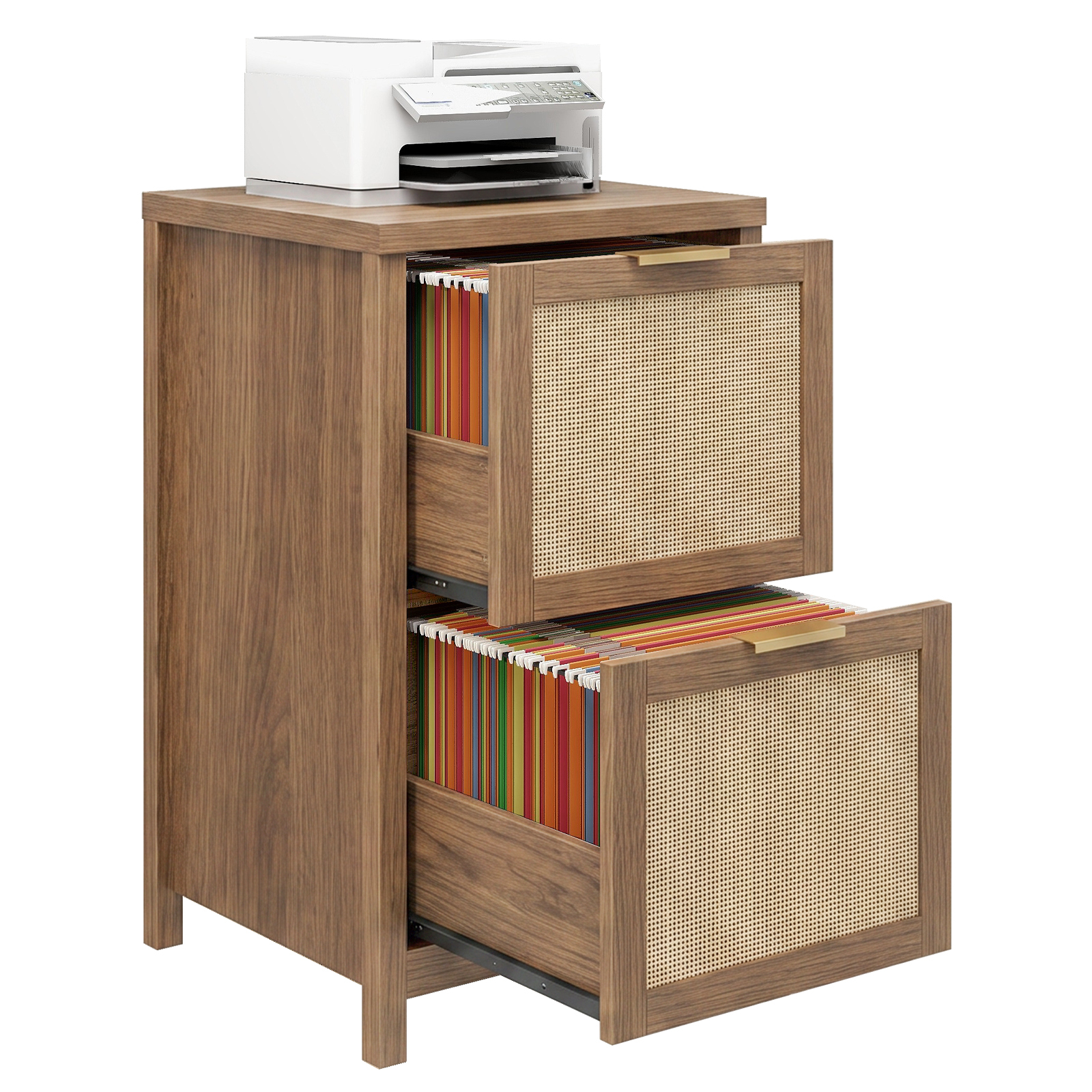 2-Drawer Rattan Small File Cabinet, Farmhouse Vertical Filing Cabinet Fits A4/Letter Size, Under Desk File Cabinets with Storage for Home Office, Wooden Printer Stand, Natural Oak