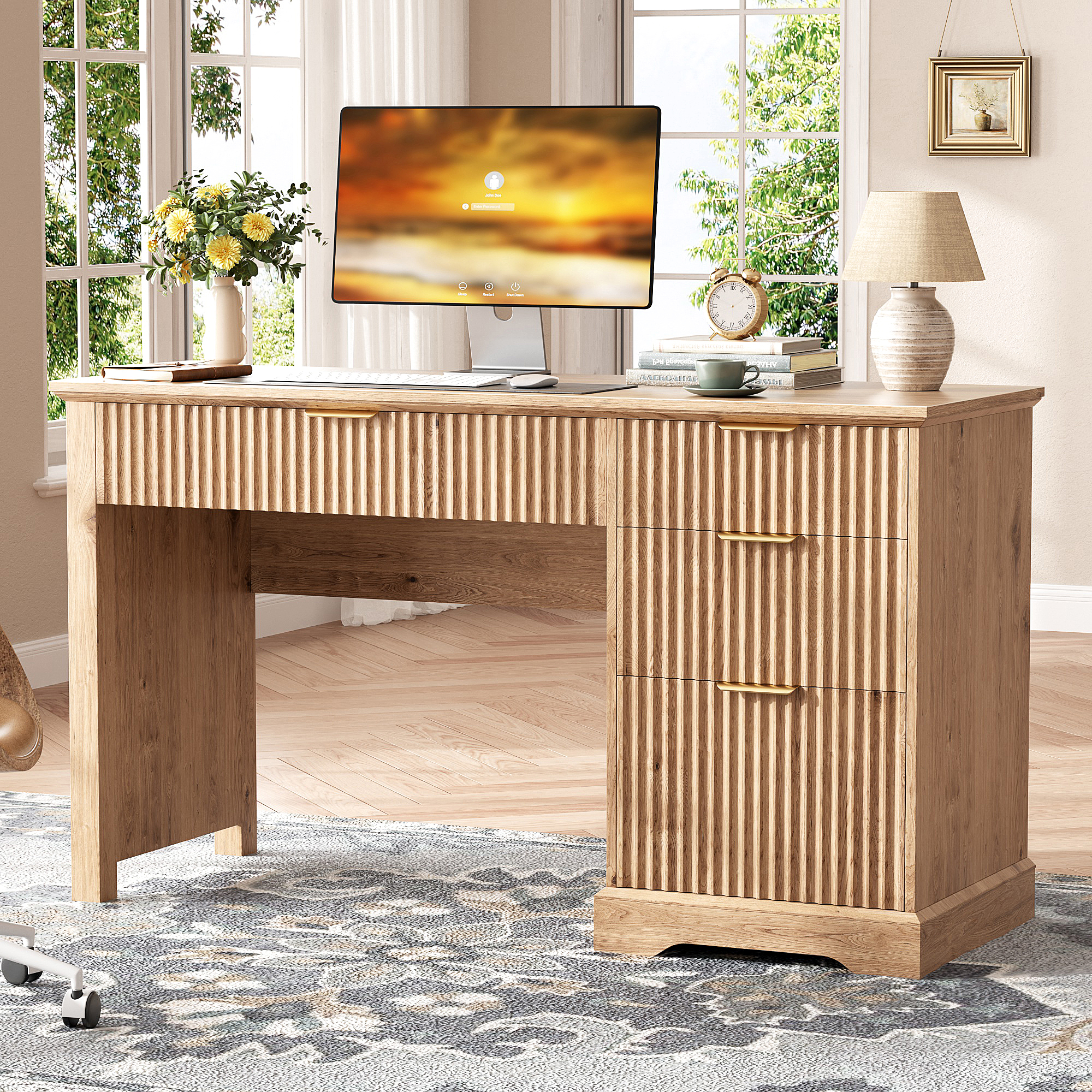 Vabches Fluted Executive Desk with File Drawer, Wood Home Office Desk 