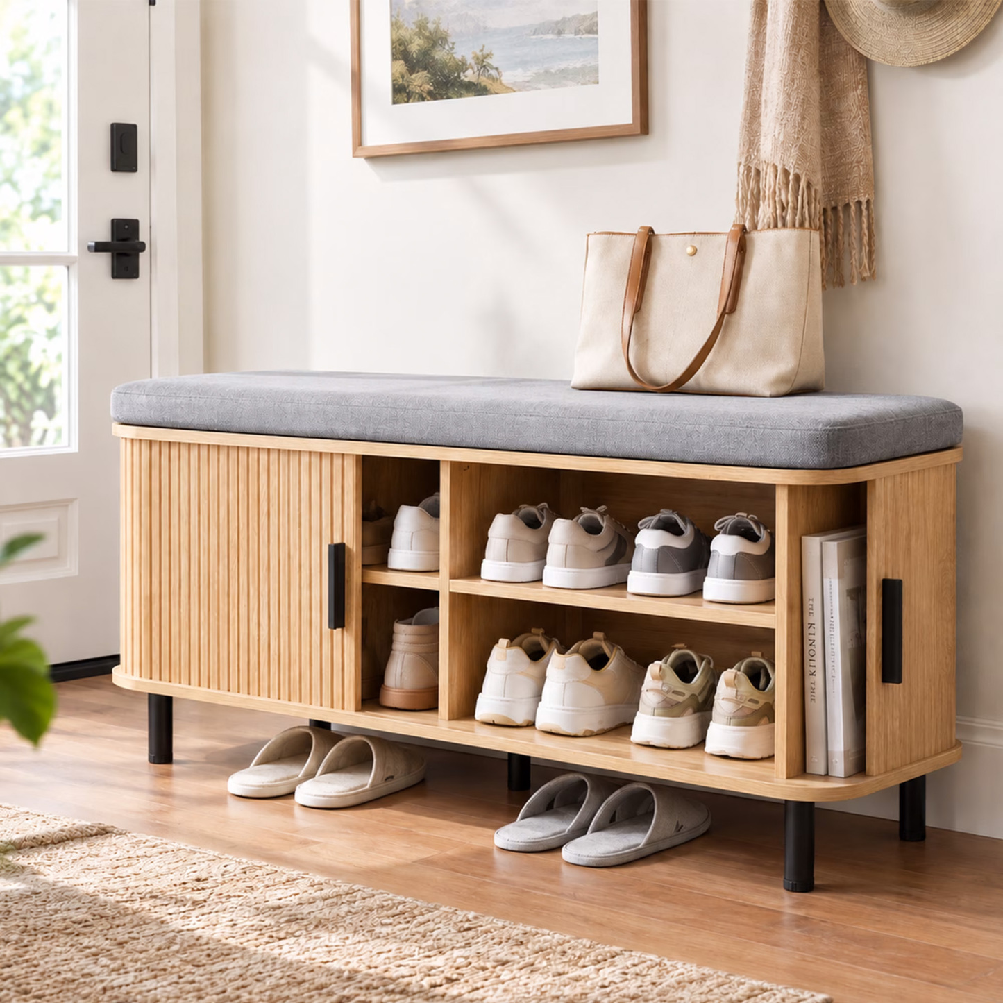 39" W Shoe Storage Bench with Cushion and Sliding Tambour Doors, 3-Tier Shoe Rack Organizer Bench Adjustable Shelf