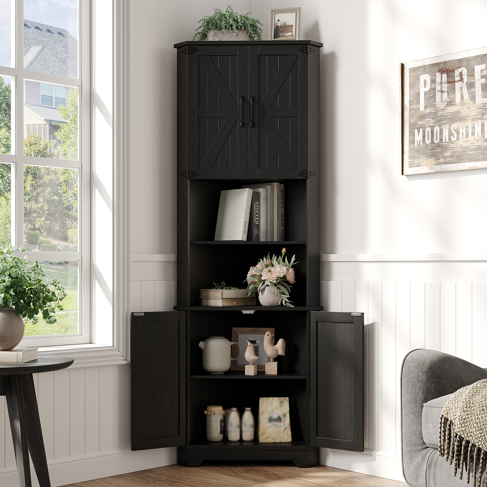 Halitaa 68.9" Tall Storage Corner Cabinet, Farmhouse Style Storage Cabinet Barn Door Design with Adjustable Shelve Space Saver for Kitchen,Bathroom, Living Room, Dining Room (Black) 