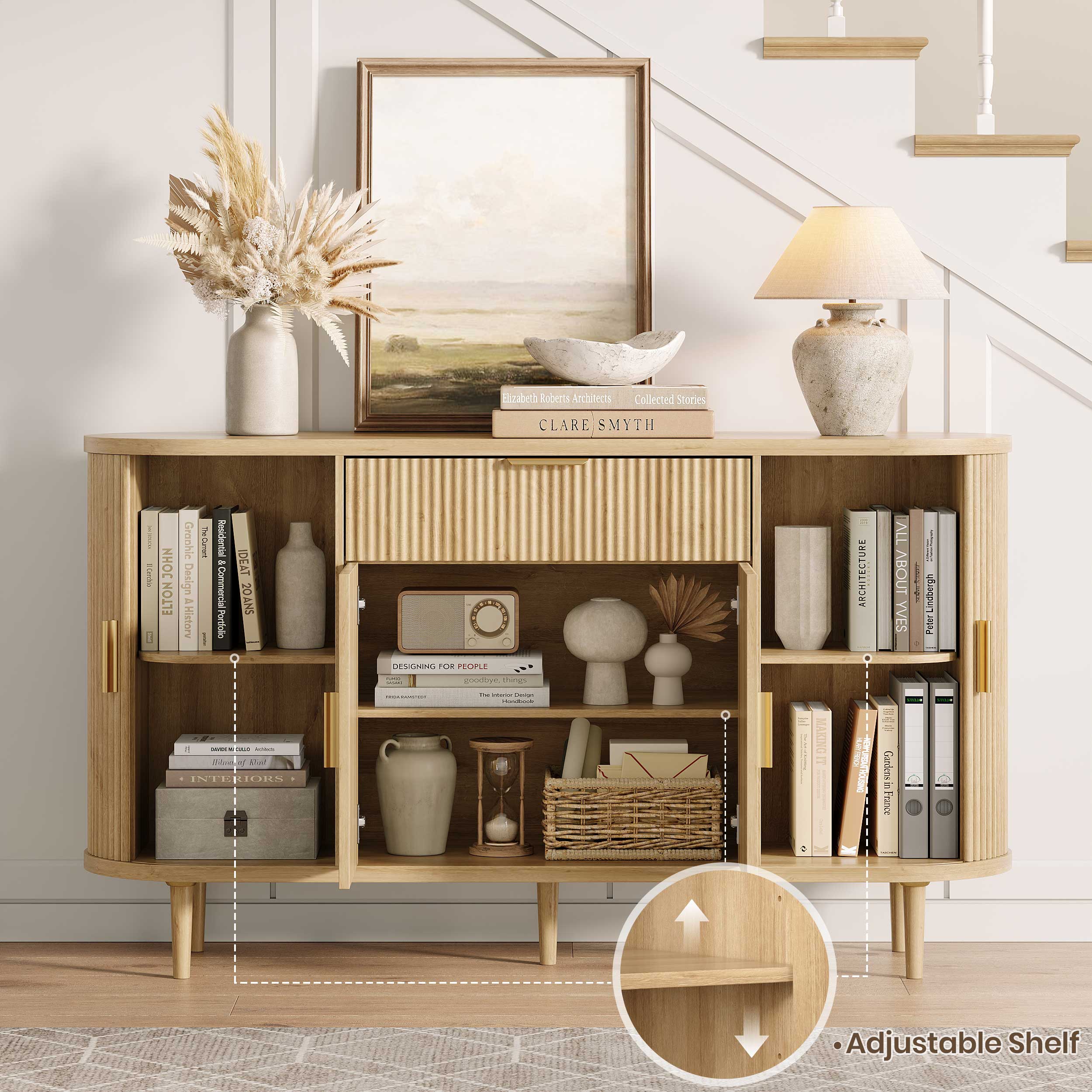 Halitaa 55" sideboard buffet cabinet with Adjustable Shelves, Fluted Mid-Century Modern Coffee Bar Cabinet with Sliding Door and Drawer, Curved Credenza Storage Cabinet for Living Room