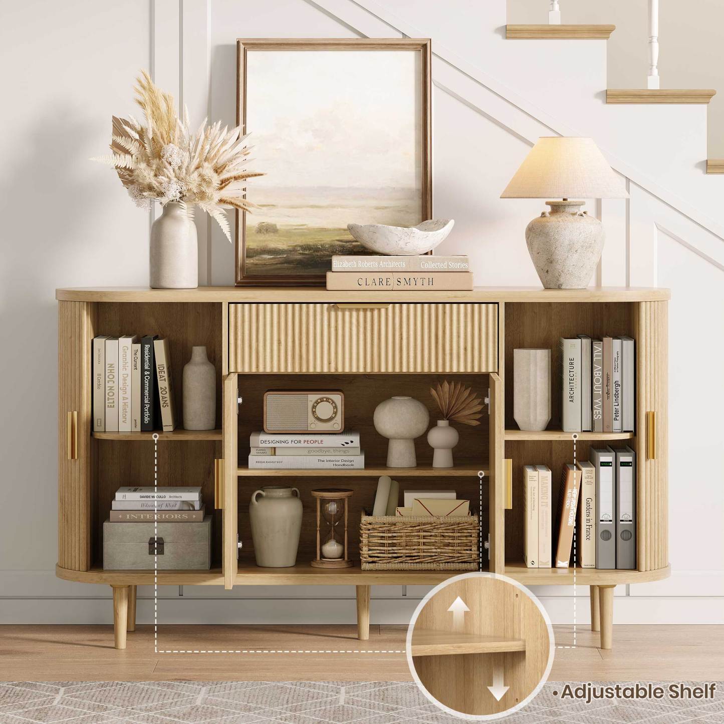 Halitaa 55" sideboard buffet cabinet with Adjustable Shelves, Fluted Mid-Century Modern Coffee Bar Cabinet with Sliding Door and Drawer, Curved Credenza Storage Cabinet for Living Room