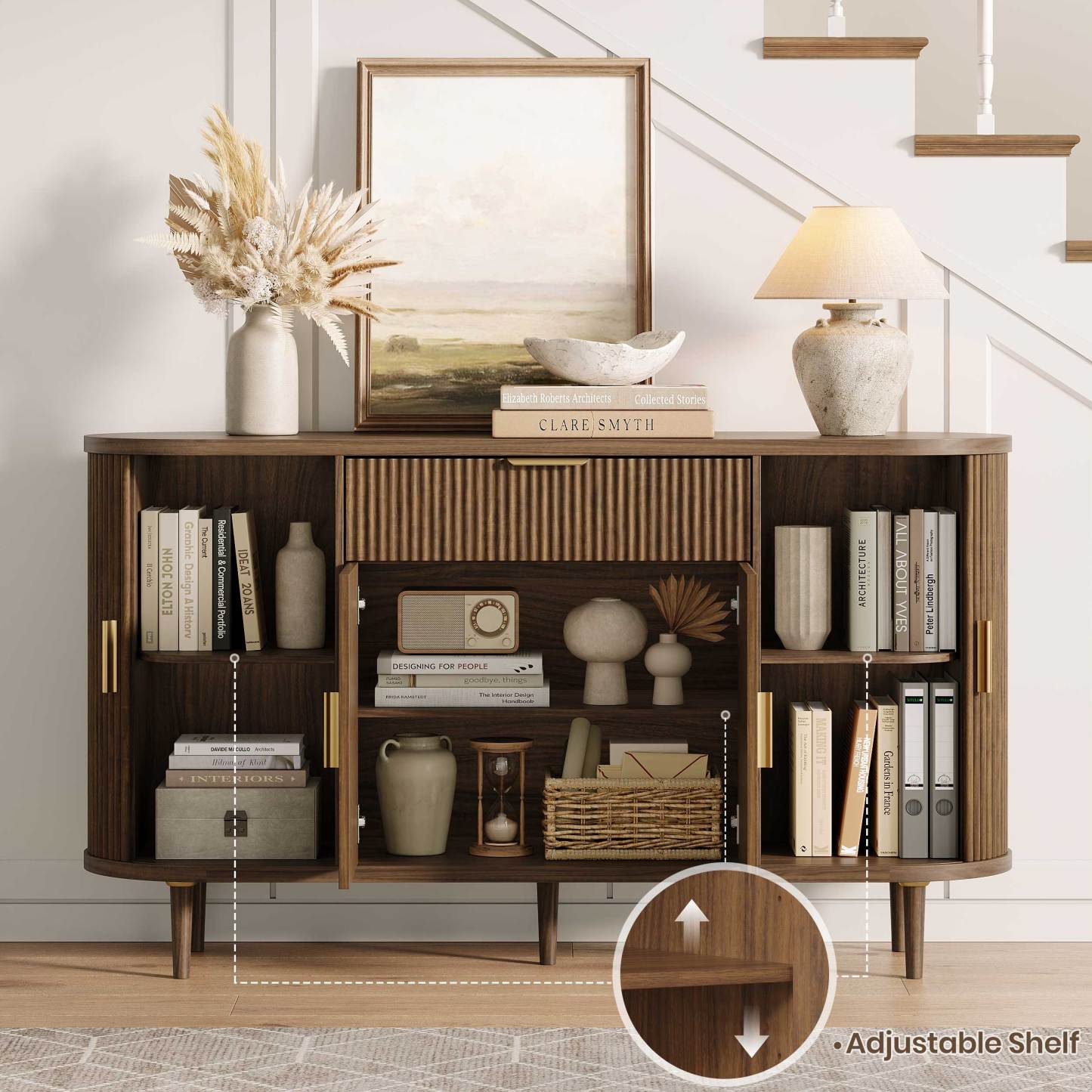 Halitaa 55" sideboard buffet cabinet with Adjustable Shelves, Fluted Mid-Century Modern Coffee Bar Cabinet with Sliding Door and Drawer, Curved Credenza Storage Cabinet for Living Room