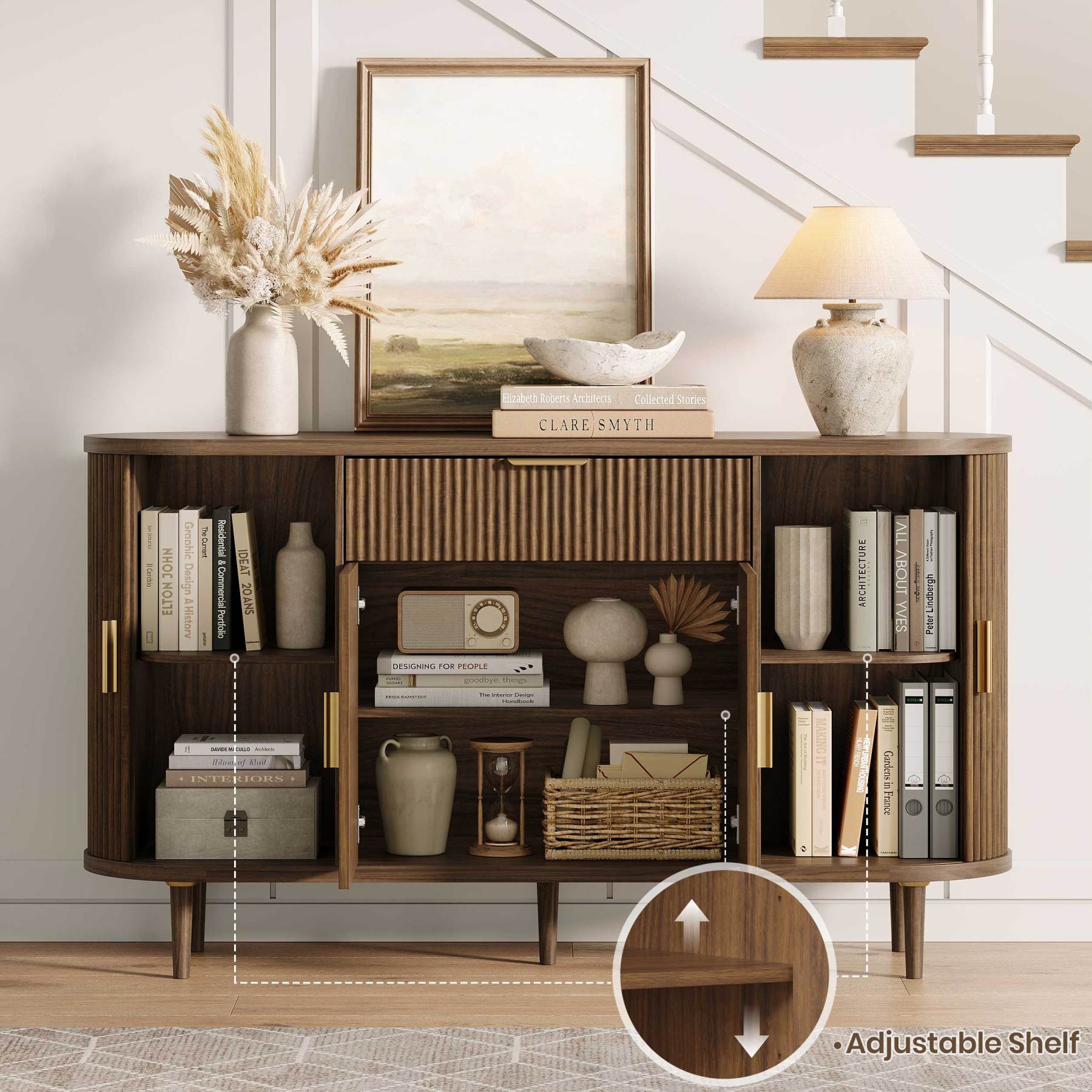 Halitaa 55" sideboard buffet cabinet with Adjustable Shelves, Fluted Mid-Century Modern Coffee Bar Cabinet with Sliding Door and Drawer, Curved Credenza Storage Cabinet for Living Room
