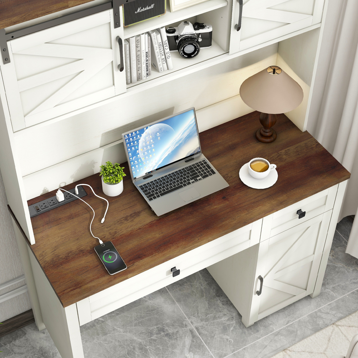 Farmhouse 47" Executive Desk, Computer Desk with Drawers and Storage Cabinet, Workstation Computer Desk with Hutch for Home Office