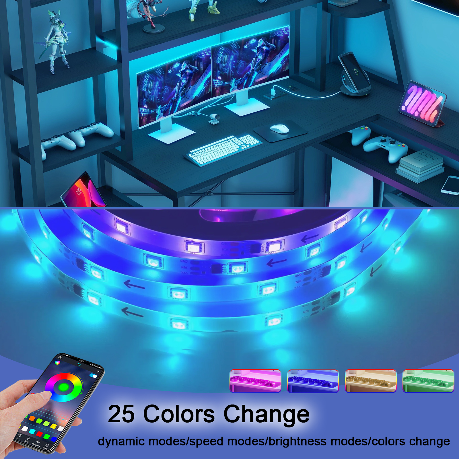 Vabches L Shaped Computer Desk with LED Lights and Power Outlets, L Shaped Gaming Desk with 2 Drawers Hutch Monitor Stand