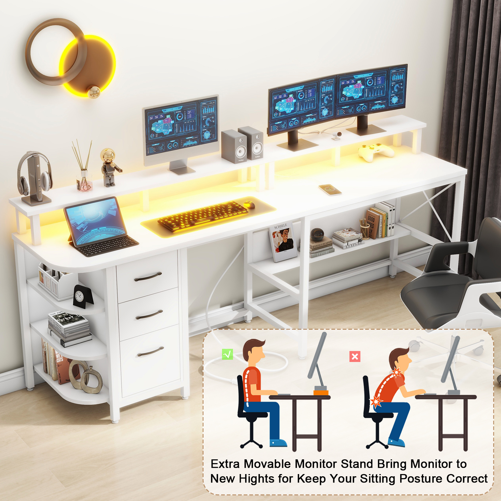 Vabches 67" L Shaped Computer Desk with LED Lights and Power Outlets, Reversible Gaming Desk with 3 Drawers Hutch