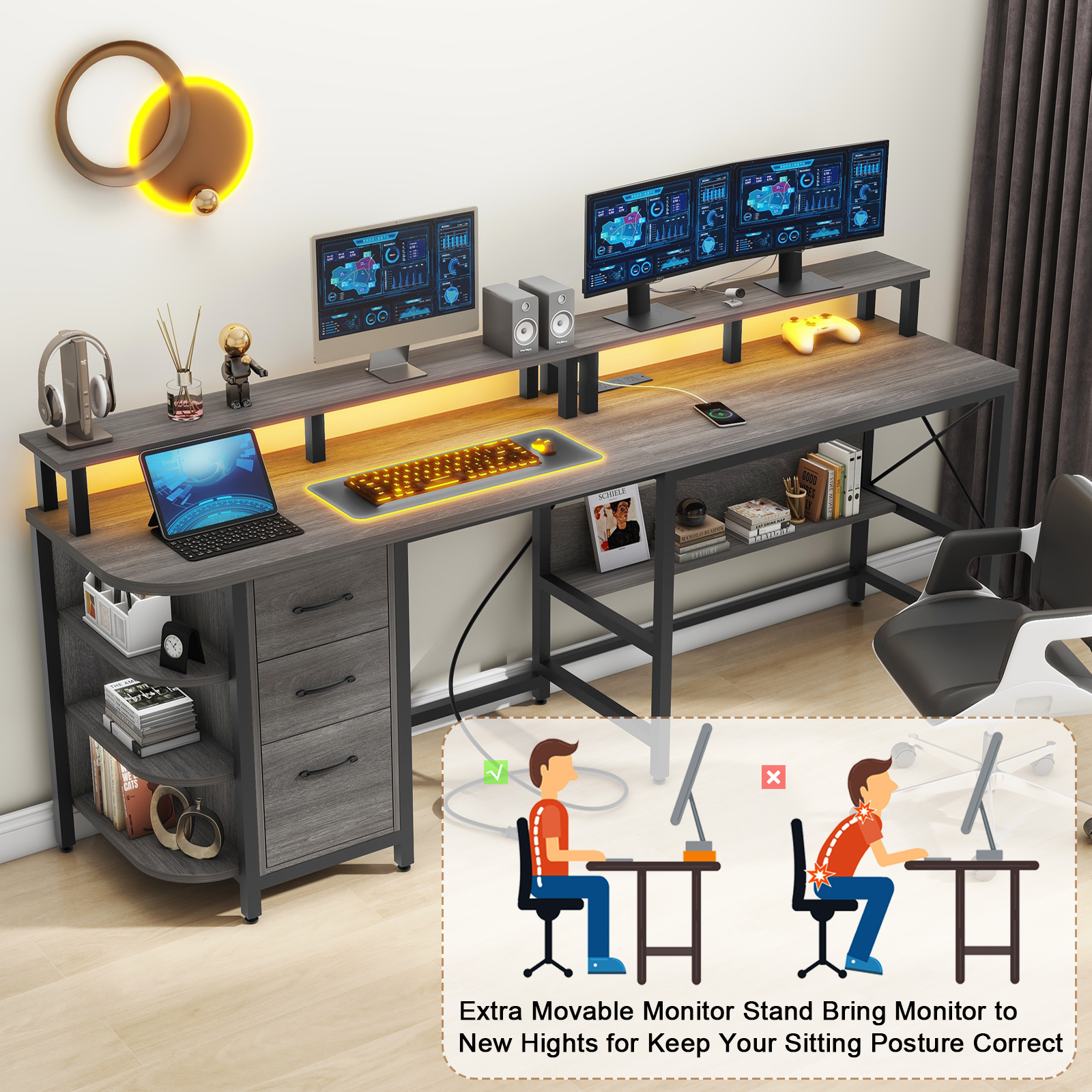 Vabches 67" L Shaped Computer Desk with LED Lights and Power Outlets, Reversible L Shaped Gaming Desk with 3 Drawers Hutch for Adolescents and adults
