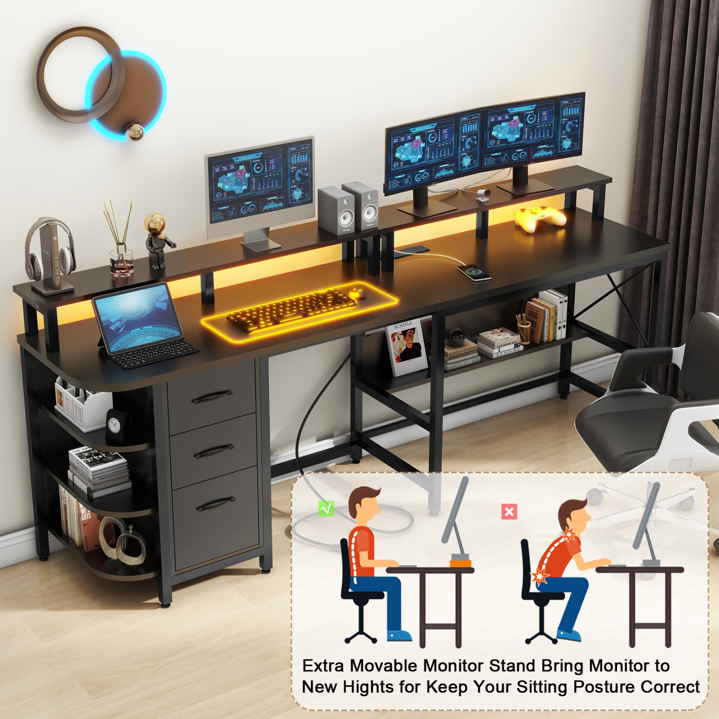Vabches 67" L Shaped Computer Desk with LED Lights and Power Outlets, Reversible Gaming Desk with 3 Drawers Hutch for Adolescents and Adults