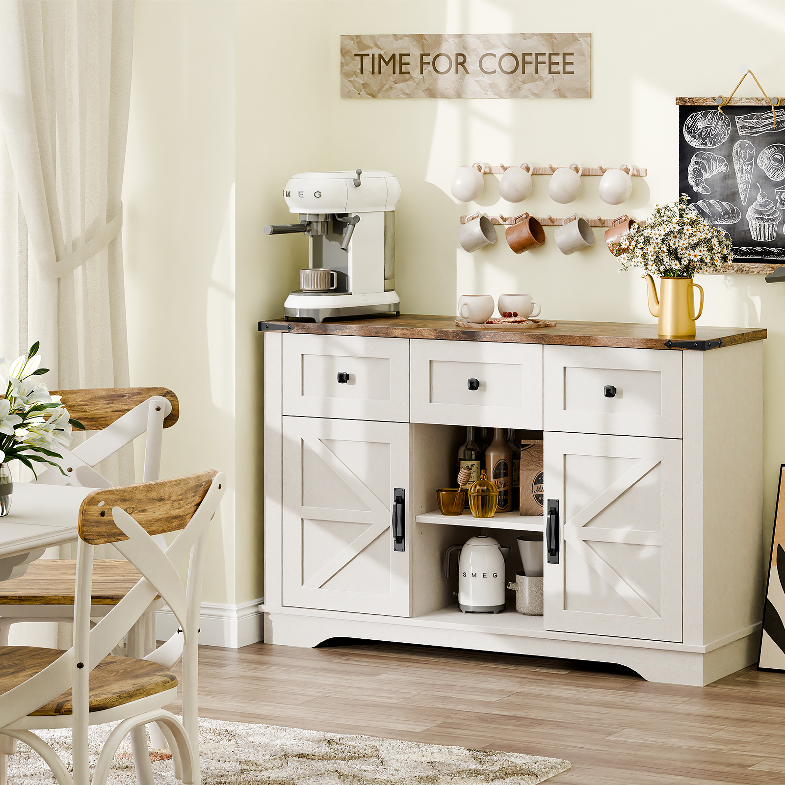 Vabches Farmhouse Buffet Cabinet features barn-style doors, drawers, and shelves, providing ample storage for living rooms, dining rooms, and kitchens