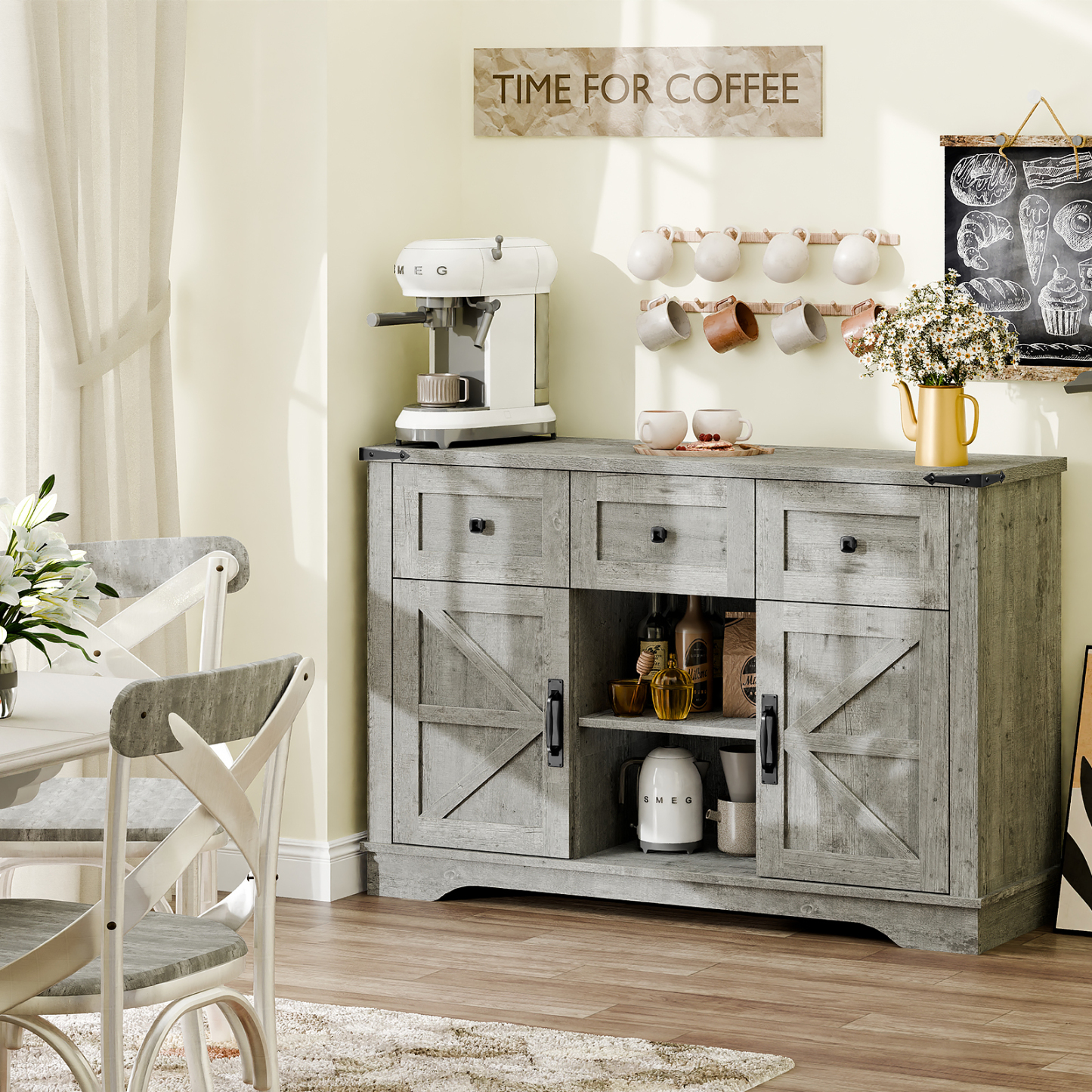 The Vabches Farmhouse Buffet Cabinet features barn-style doors, drawer