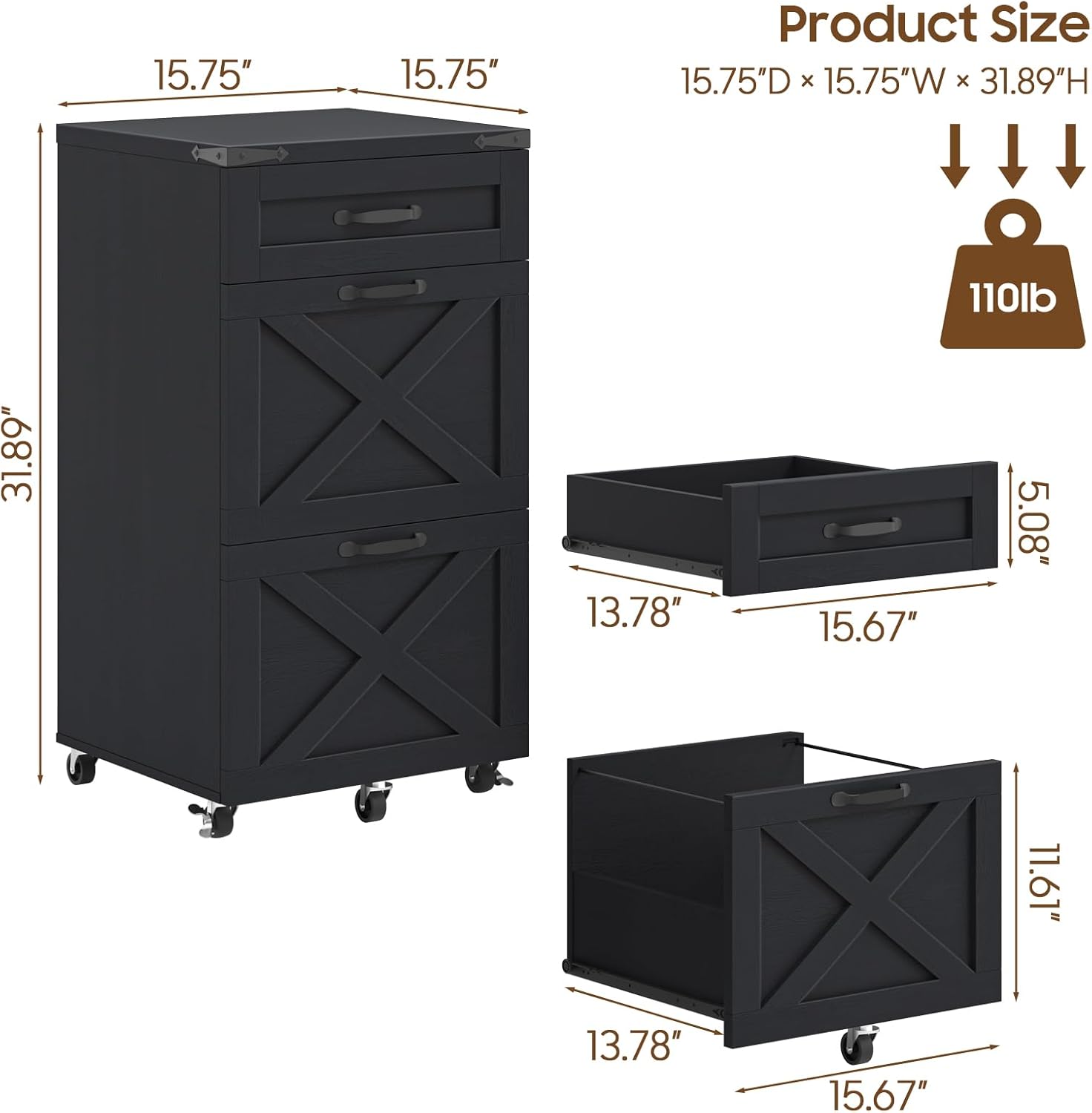 Halitaa 3 Drawers Tall Farmhouse File Cabinet with Wheels for Home Office, Black | Halitaa Vertical Filing Cabinet Fits Letter/A4 Size, Rolling File Cabinet Wooden Printer Stand for Home Office