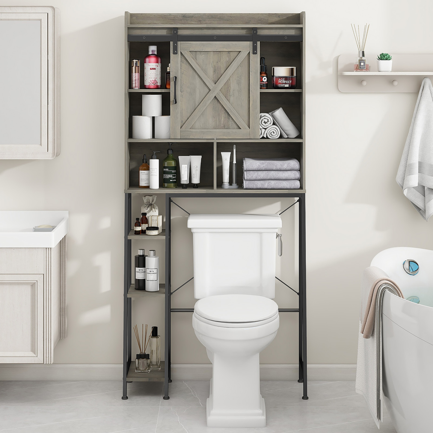 Vabches Over The Toilet Storage Cabinet with Sliding Door and Integrated Toilet Paper Holder, Ideal for Bathrooms, Restrooms, and Laundry Rooms.