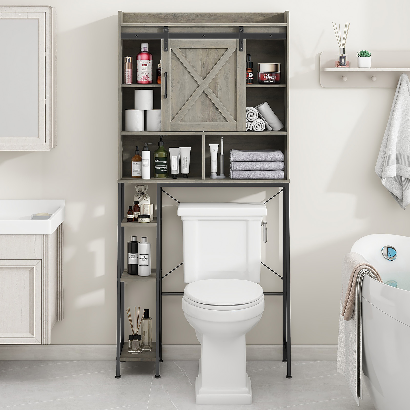 Vabches Over The Toilet Storage Cabinet with Sliding Door and Integrated Toilet Paper Holder, Ideal for Bathrooms, Restrooms, and Laundry Rooms.