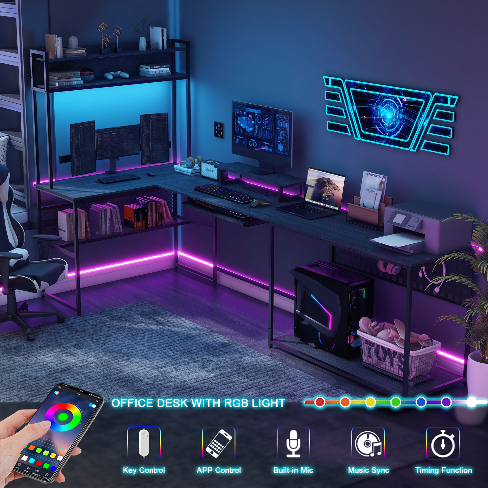 Vabches U Shaped Office Desk with LED Lights, L Shaped Desk with Power Outlet and Monitor Stand, Grey