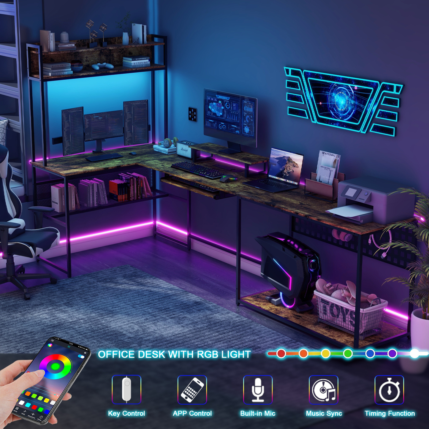 Vabches U Shaped Office Desk with LED Lights, L Shaped Desk with Power Outlet and Monitor Stand, Brown