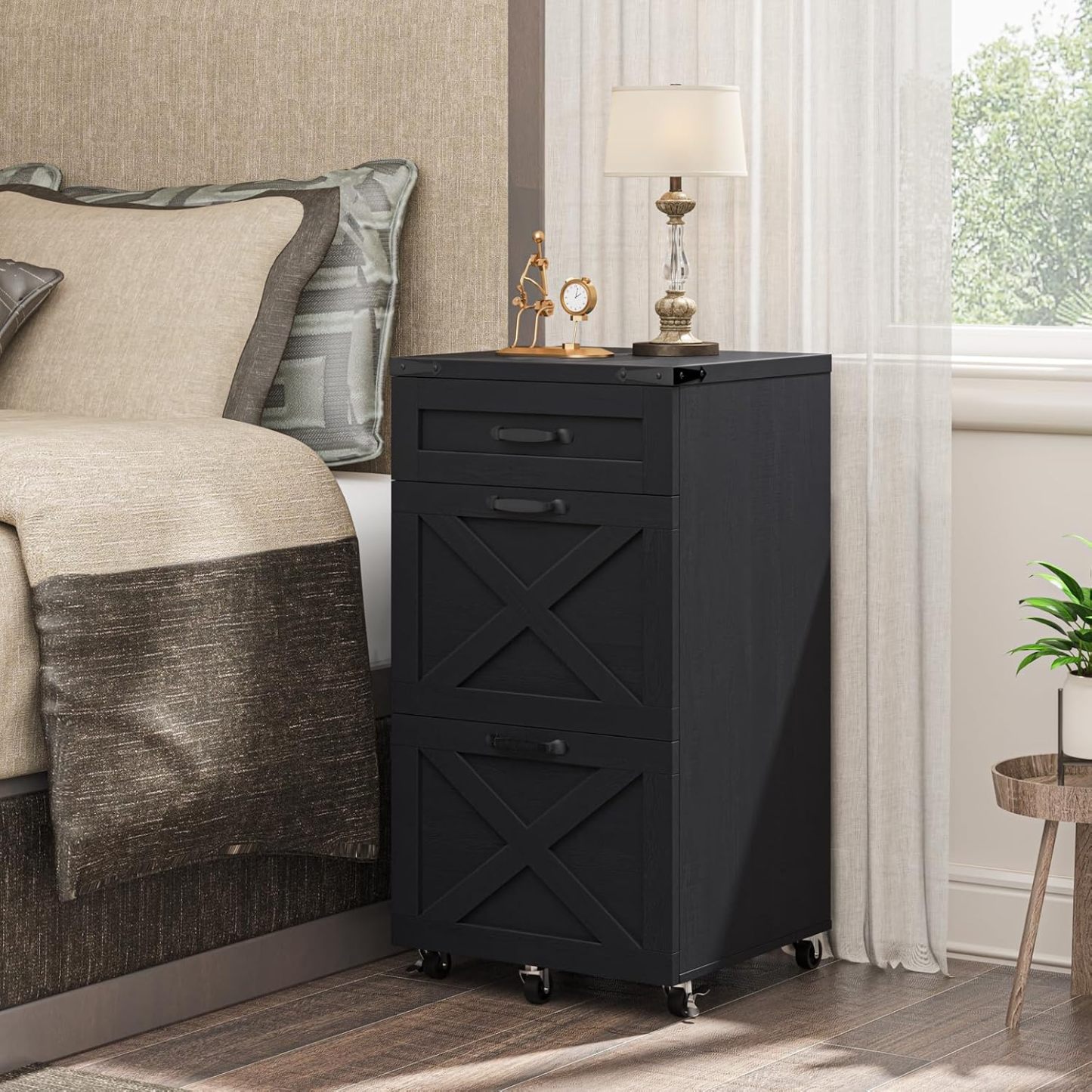 Halitaa 3 Drawers Tall Farmhouse File Cabinet with Wheels for Home Office, Black | Halitaa Vertical Filing Cabinet Fits Letter/A4 Size, Rolling File Cabinet Wooden Printer Stand for Home Office