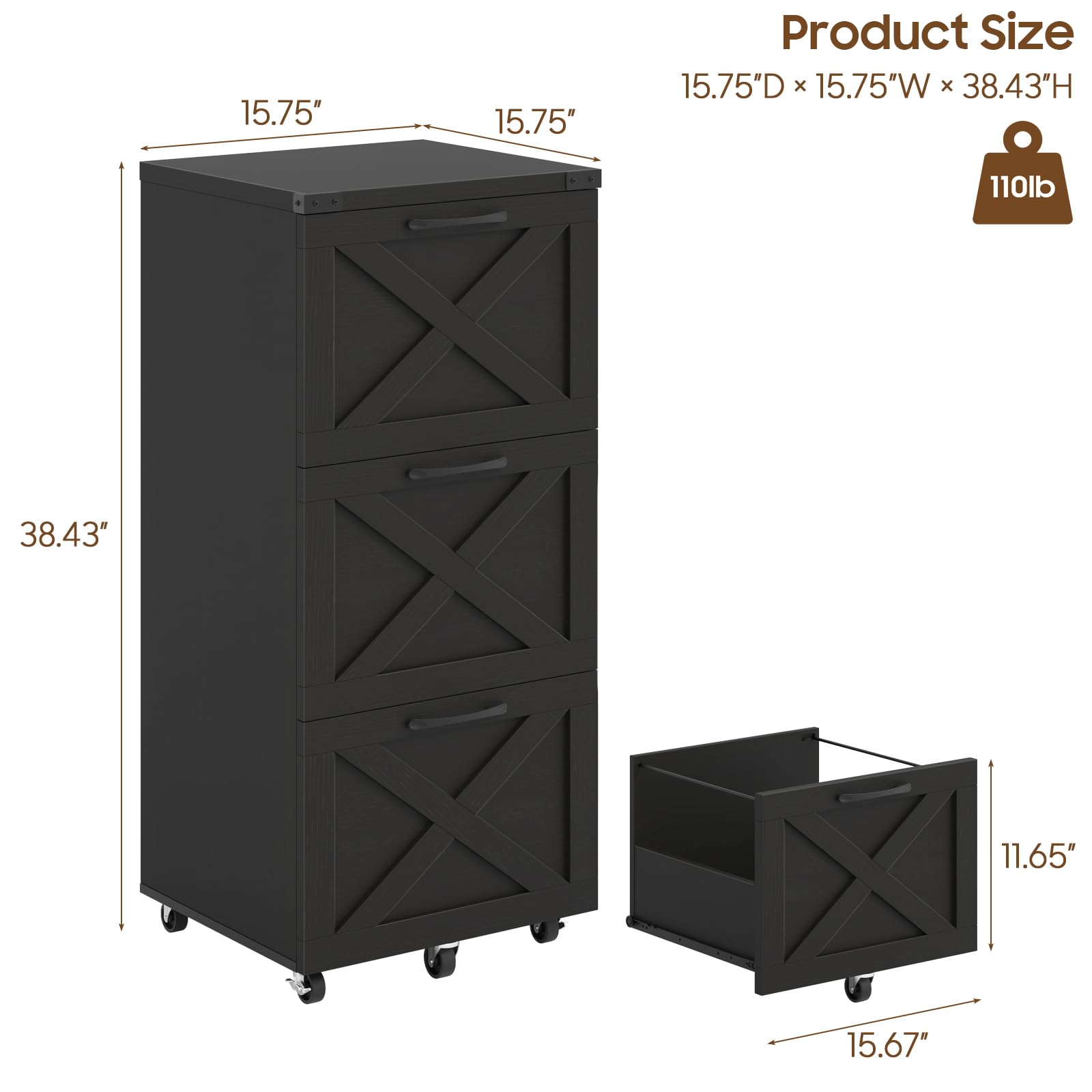 Halitaa Tall Farmhouse File Cabinet with 3 Drawers for Home Office, Walnut