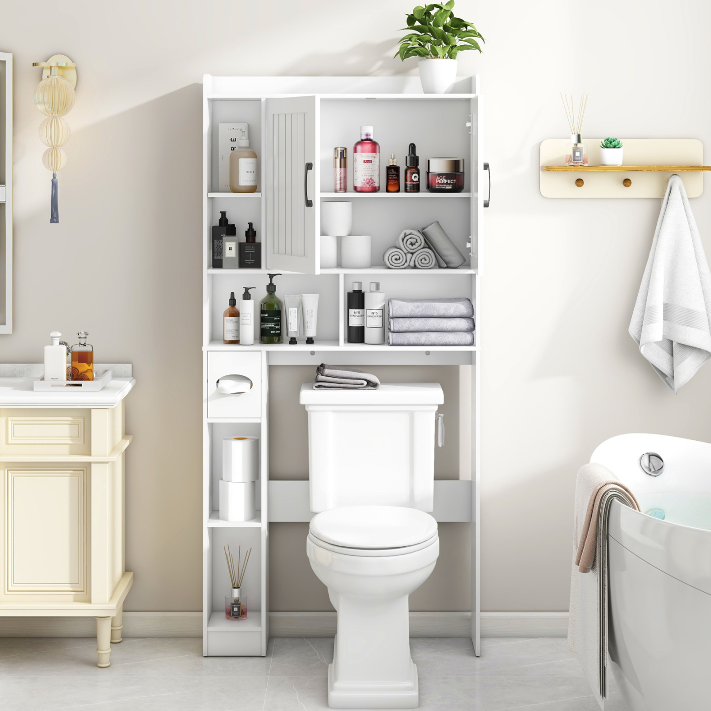 Over The Toilet Storage Cabinet, Farmhouse Storage Cabinet Over Toilet with 2 Barn Door & Toilet Paper Holder Stand，Home Space-Saving Toilet Rack, for Bathroom, Restroom, Laundry(White)