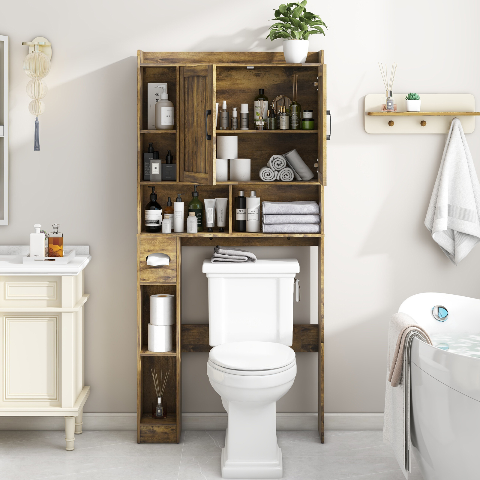 Over The Toilet Storage Cabinet, Farmhouse Storage Cabinet Over Toilet with 2 Barn Door & Toilet Paper Holder Stand，Home Space-Saving Toilet Rack, for Bathroom, Restroom, Laundry(Brown)