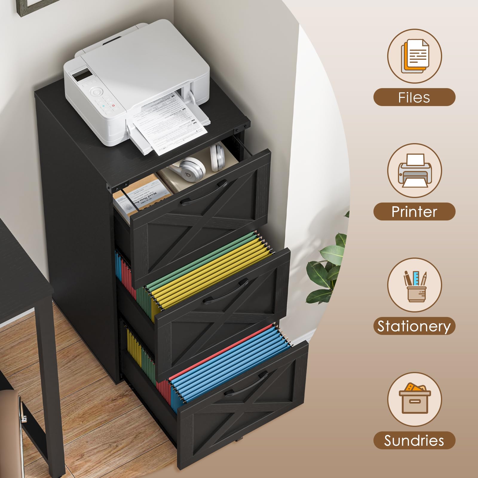 Halitaa Tall Farmhouse File Cabinet with 3 Drawers for Home Office, Walnut